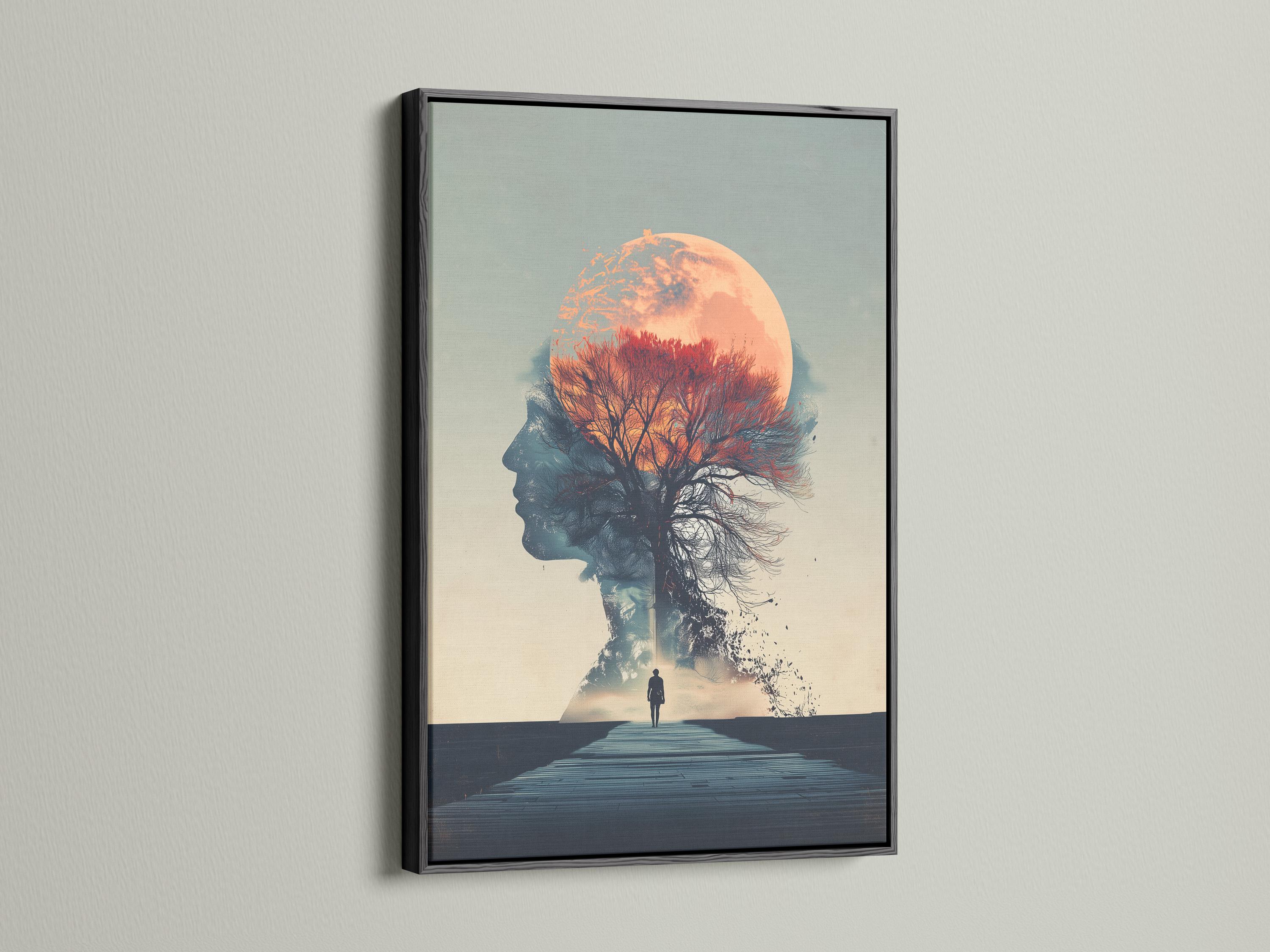 Surreal double exposure of a woman silhouette with a moonlit tree and a small figure on a path detail view