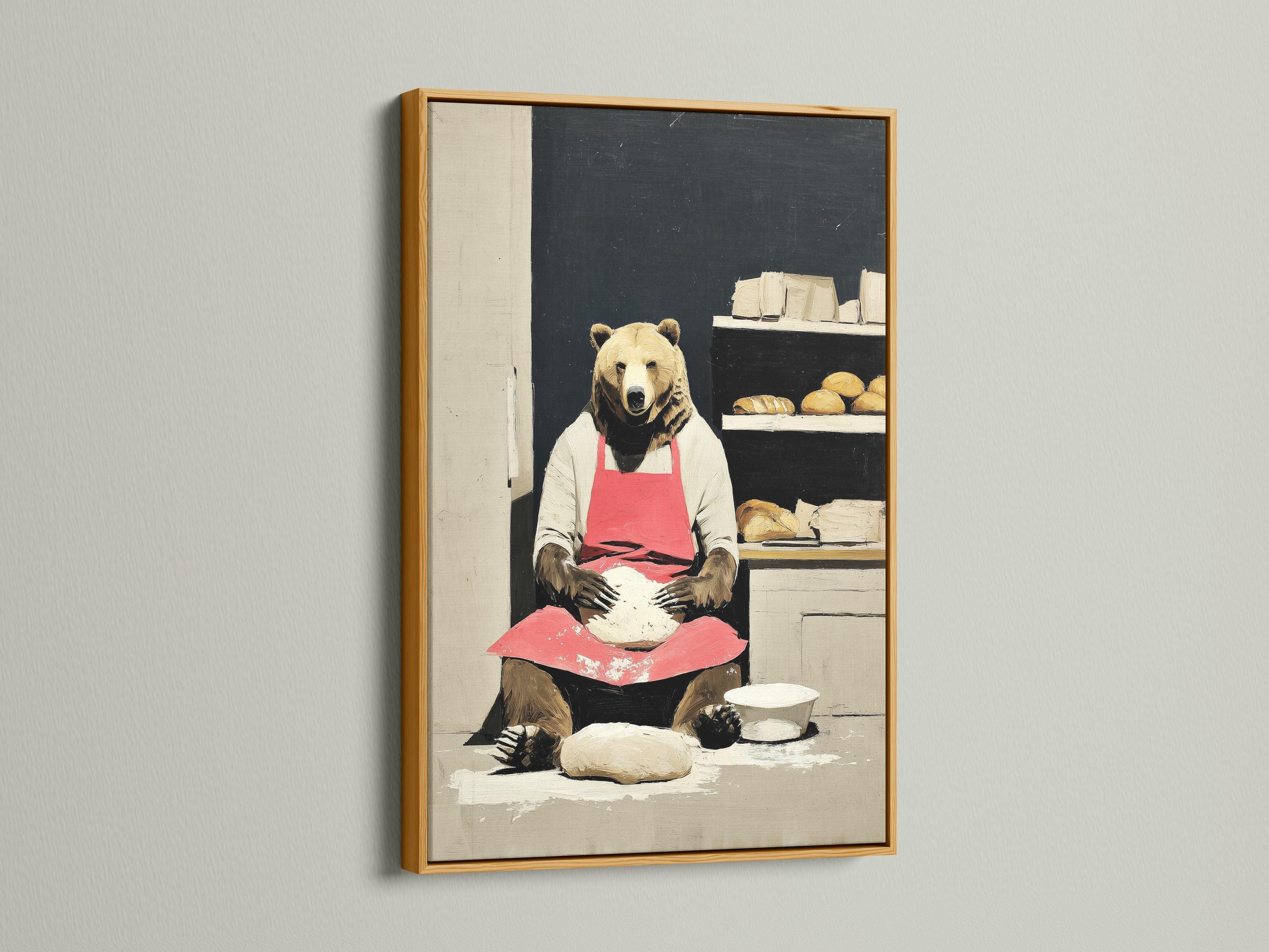Bear chef wall artwork shown in a room mockup with multiple frame colour options