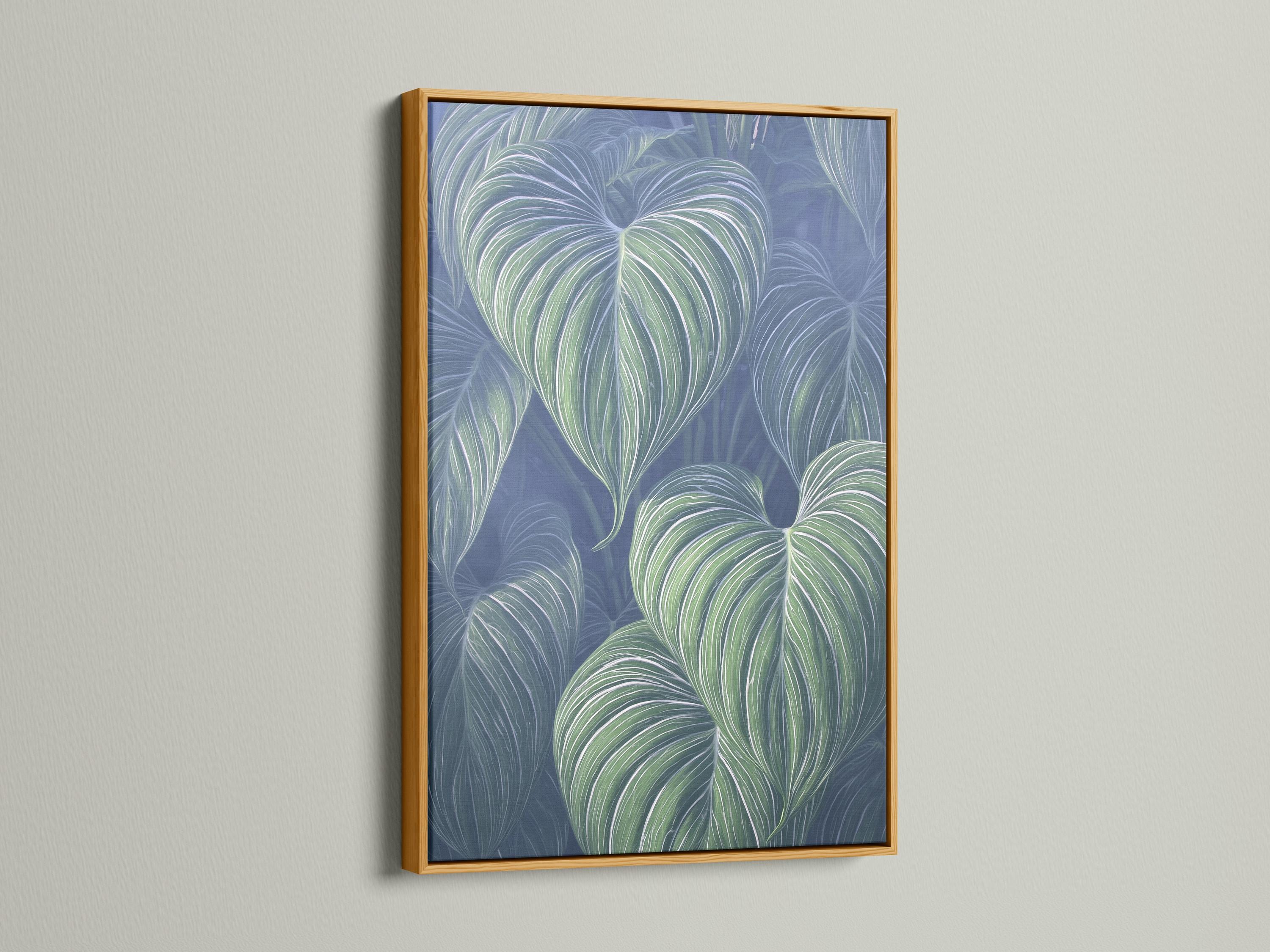 Mockup showing a framed botanical leaf artwork with mint green leaves on a navy-blue background