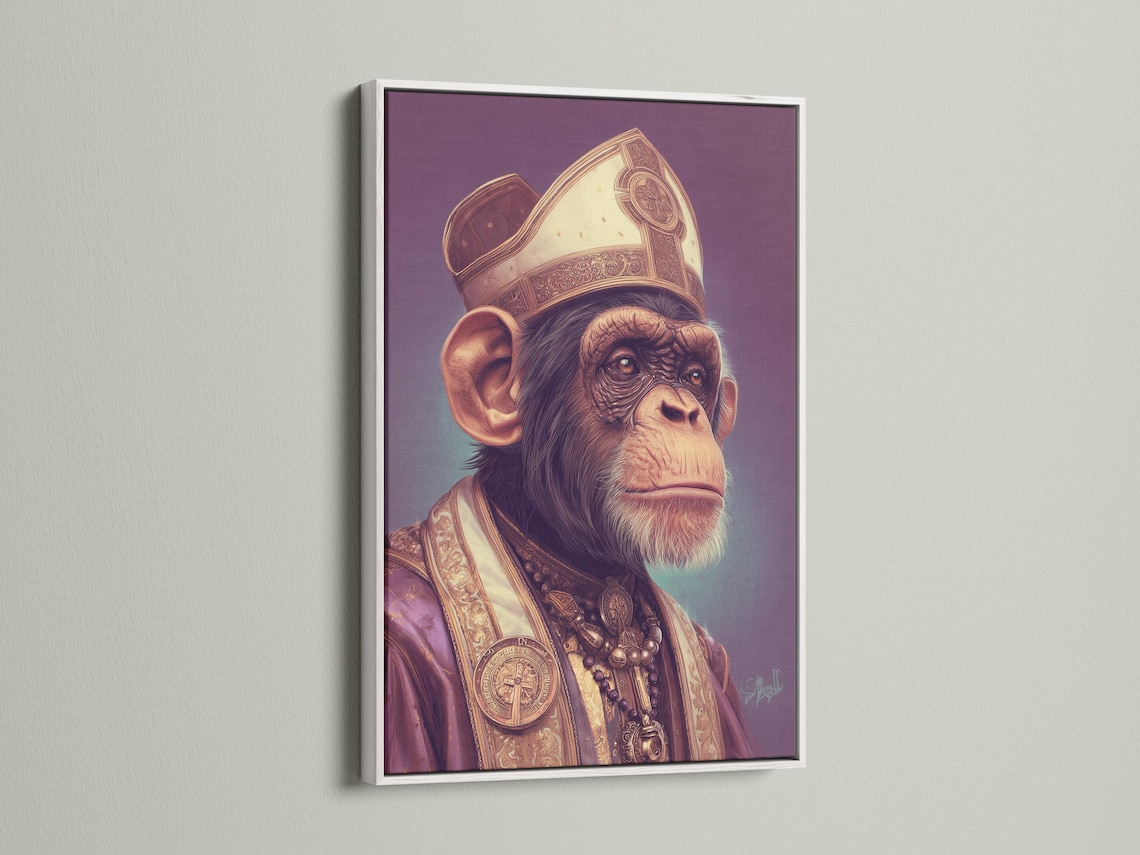 Portrait of a primate wearing an ornate mitre and robes with gold emblem details on a purple background detail view