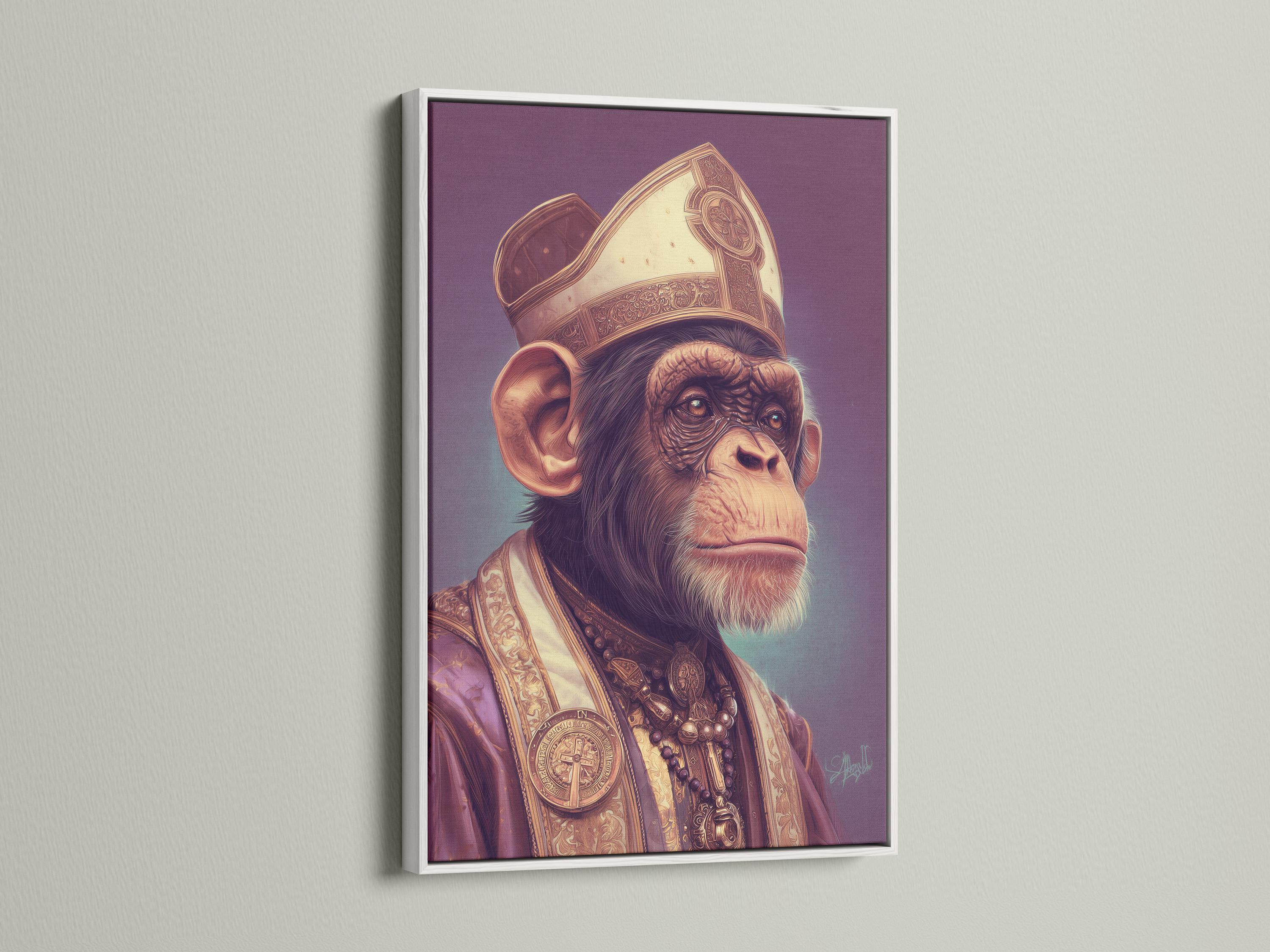 Portrait of a primate wearing an ornate mitre and robes with gold emblem details on a purple background detail view