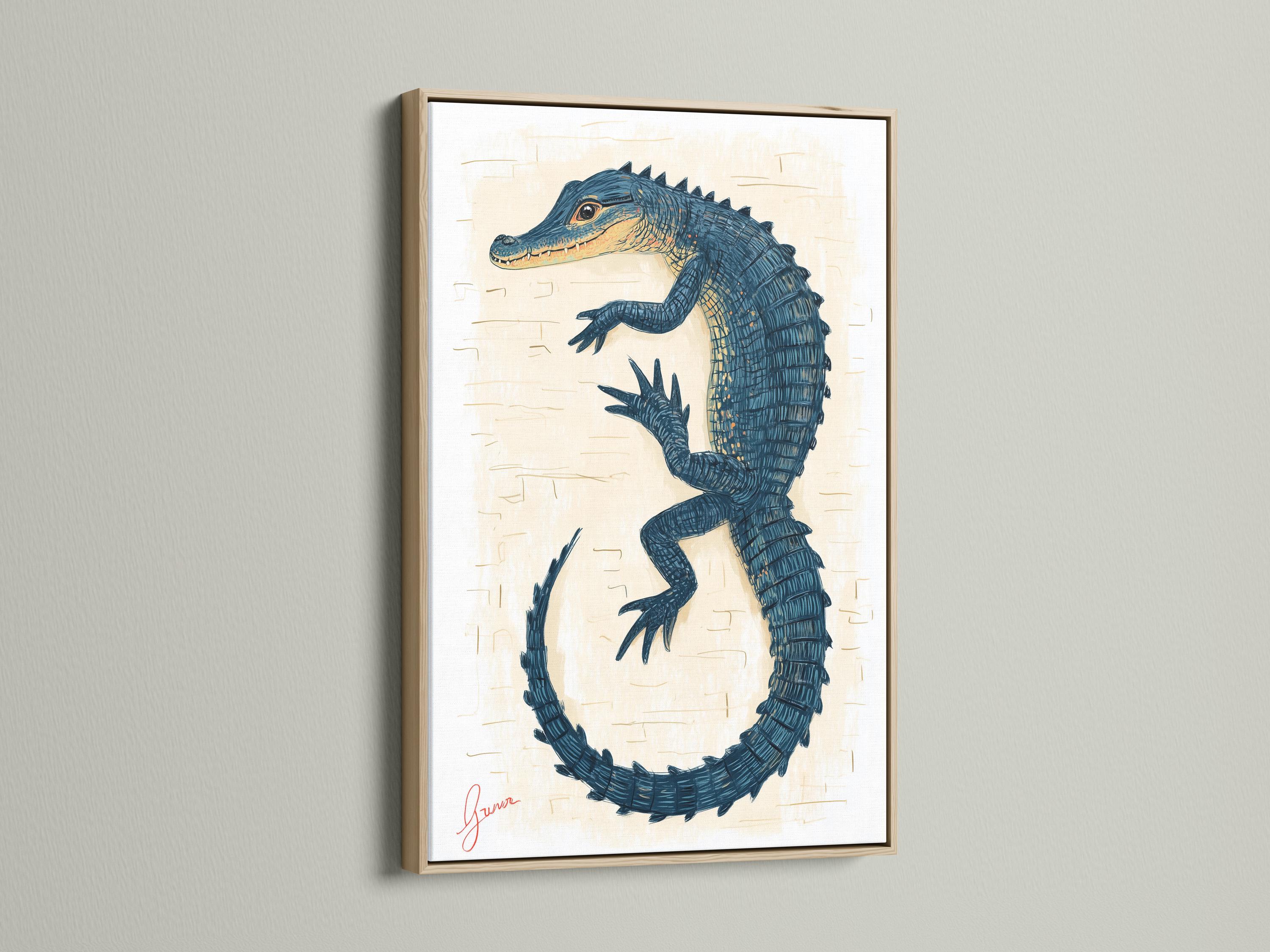 Blue alligator illustration forming a circular loop with scale-like linework on a cream background detail view