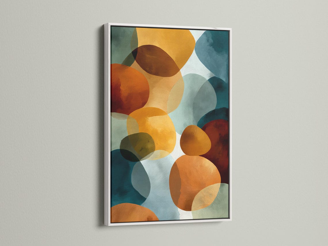 Abstract geometric wall art with overlapping rounded shapes in teal, burnt orange, cream and deep red detail view