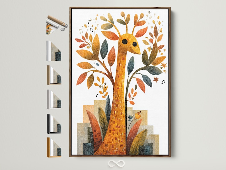 Framed giraffe and tree illustration with gold, orange and teal leaves plus music notes