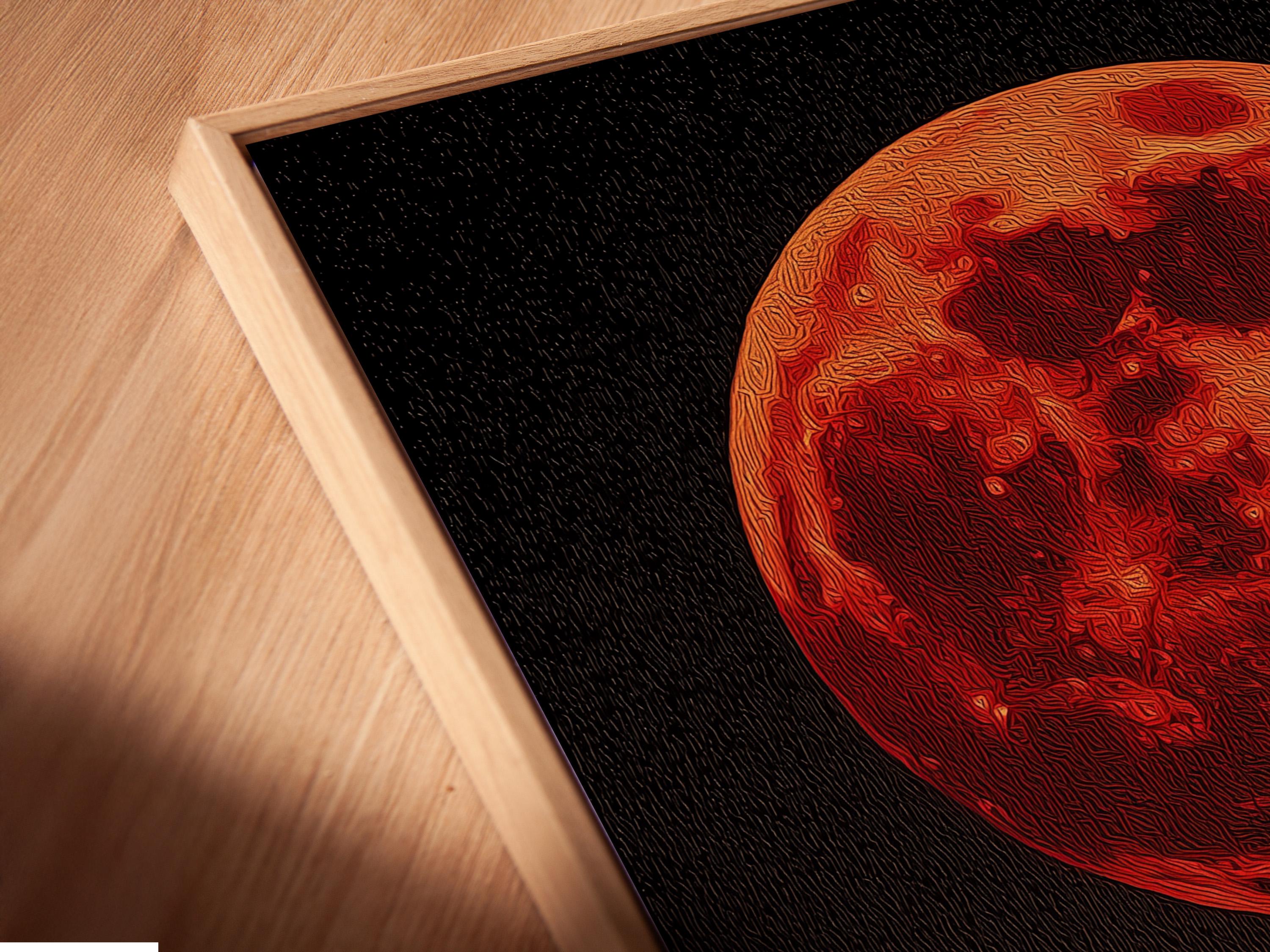 Red moon over a dark forest landscape with textured crimson and black details detail view