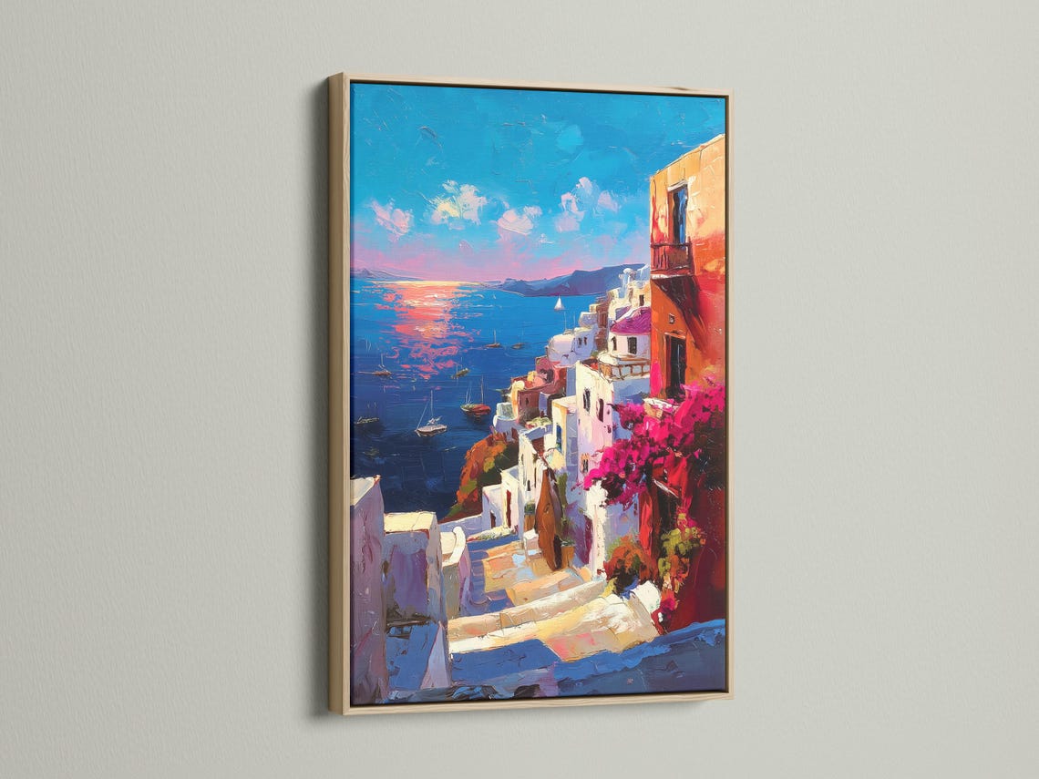 Painterly harbour village with turquoise sea, sailboats, white buildings and red-orange facade under a blue to pink sky detail view