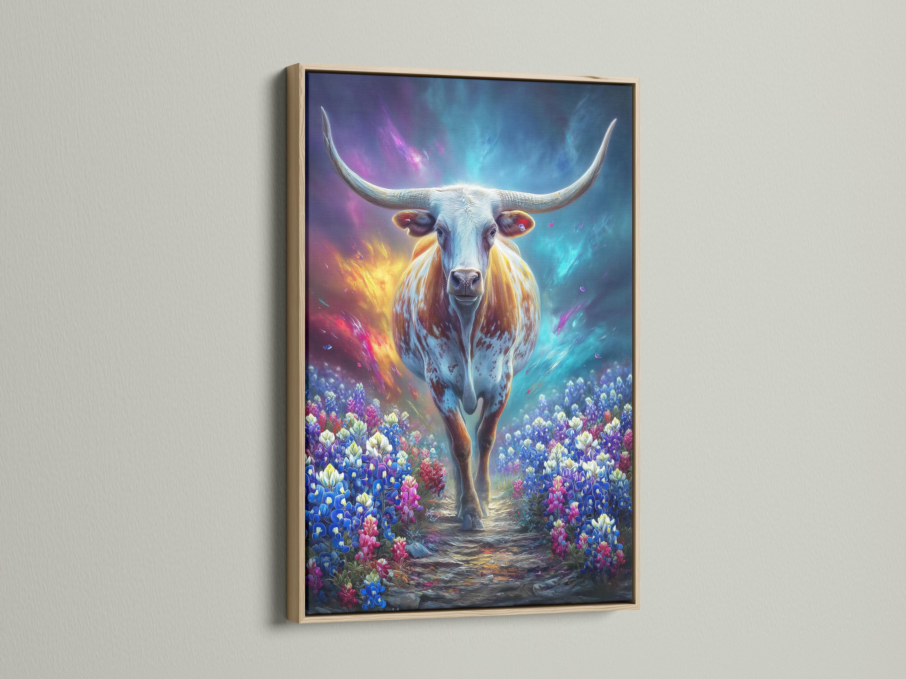 Longhorn bull standing in a colourful wildflower field under a glowing blue-purple sky detail view