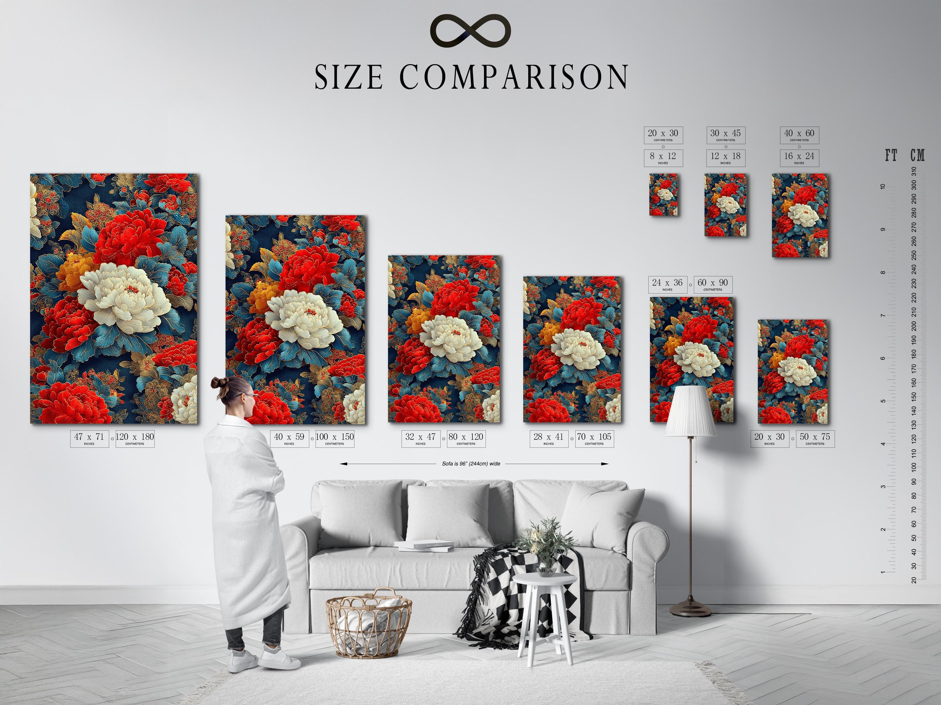 Wall mockup showing an ornate floral artwork with red peonies and cream petals framed against a light background
