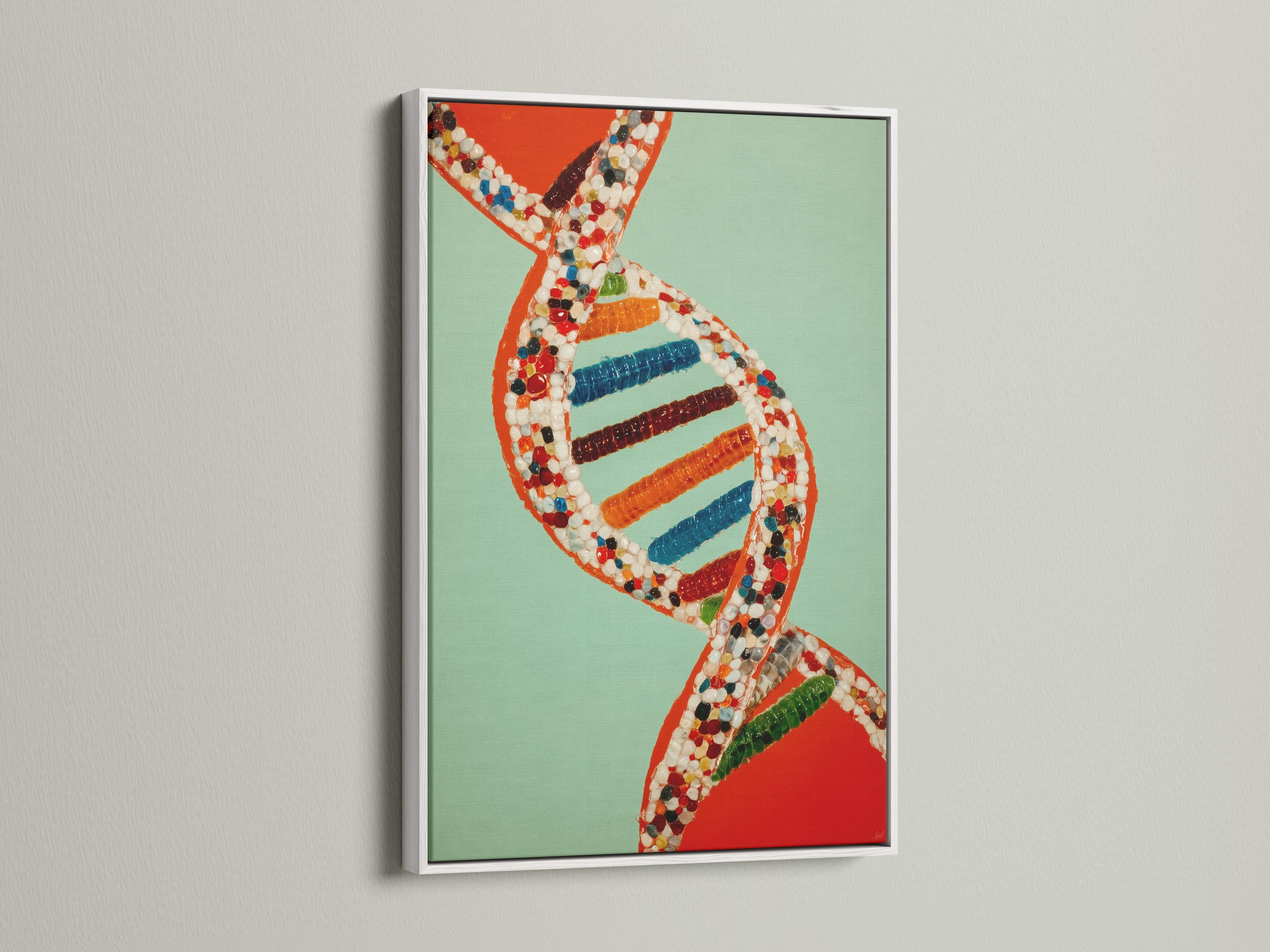 A researcher in a white lab coat stands next to a framed DNA double helix artwork