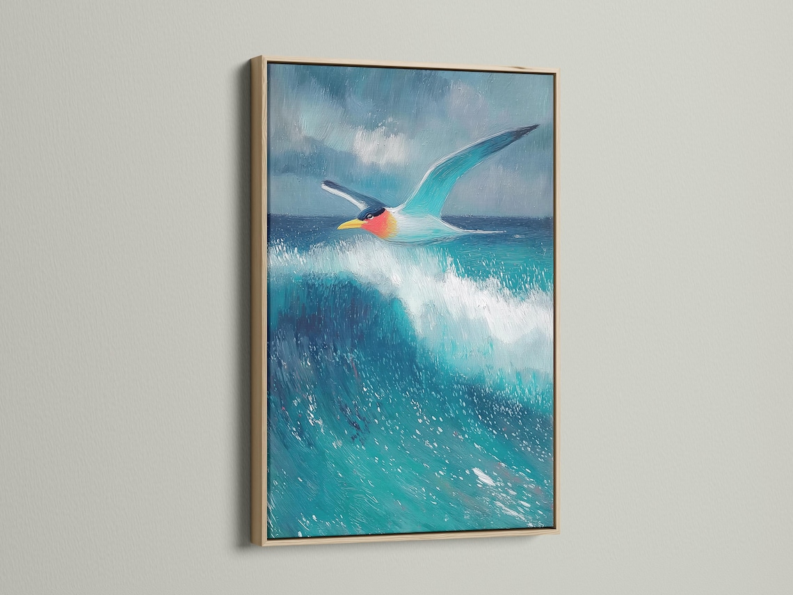 Seagull flying over blue and turquoise waves with foamy white highlights detail view