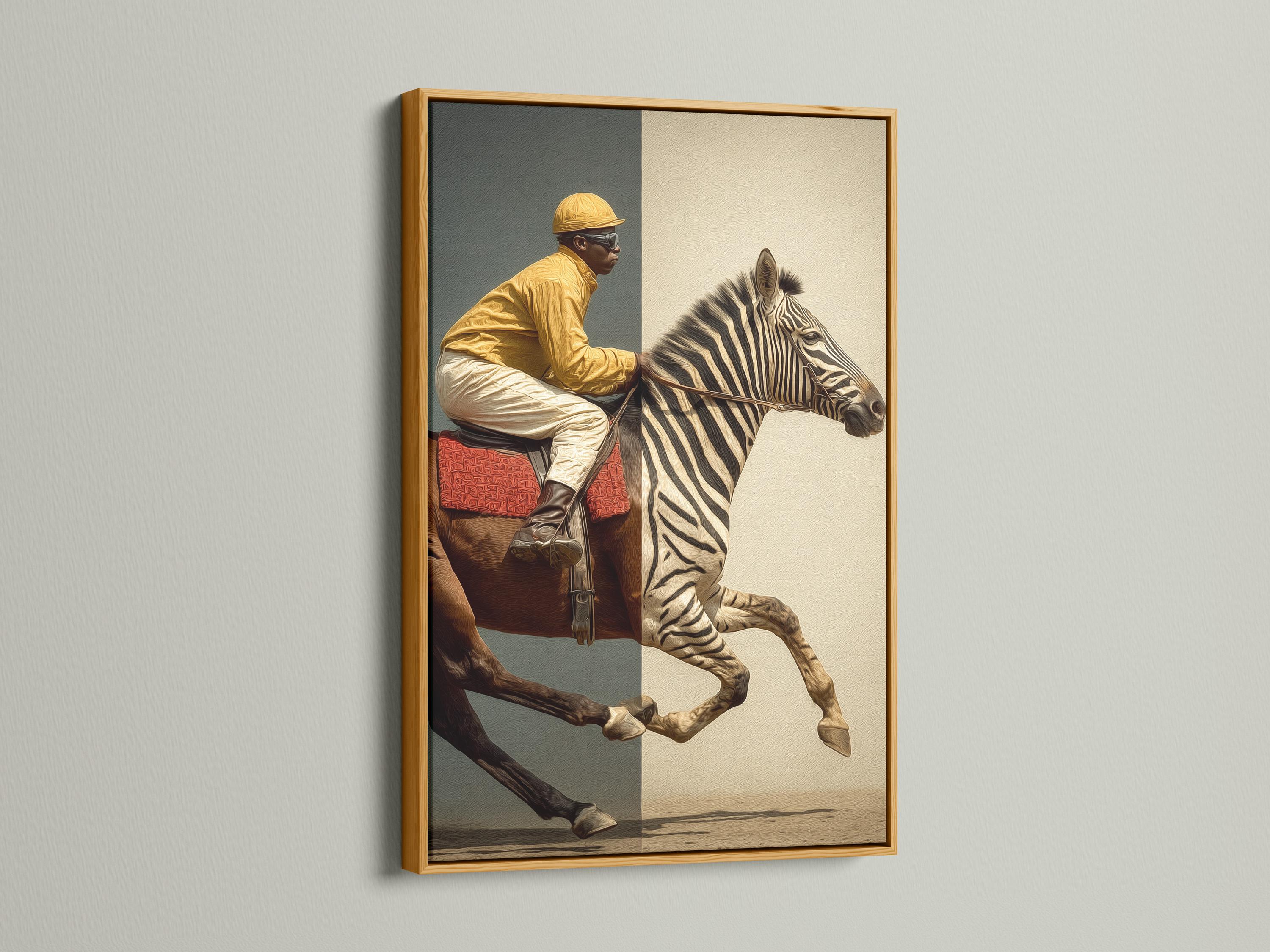 Room mockup showing framed zebra jockey artwork on a wall with side panel images