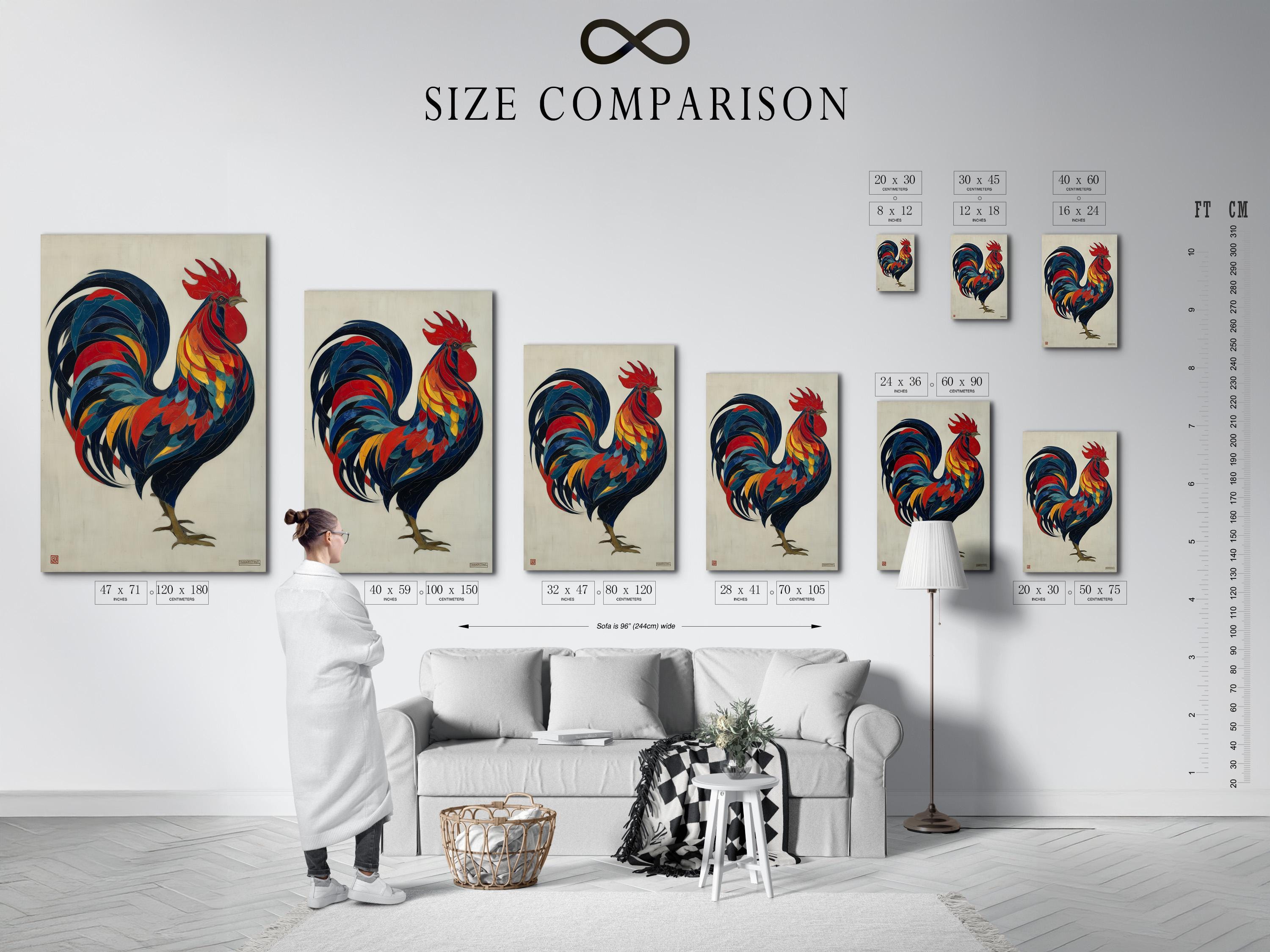 Colourful rooster illustration with layered red, blue and yellow feathers on an off-white background detail view