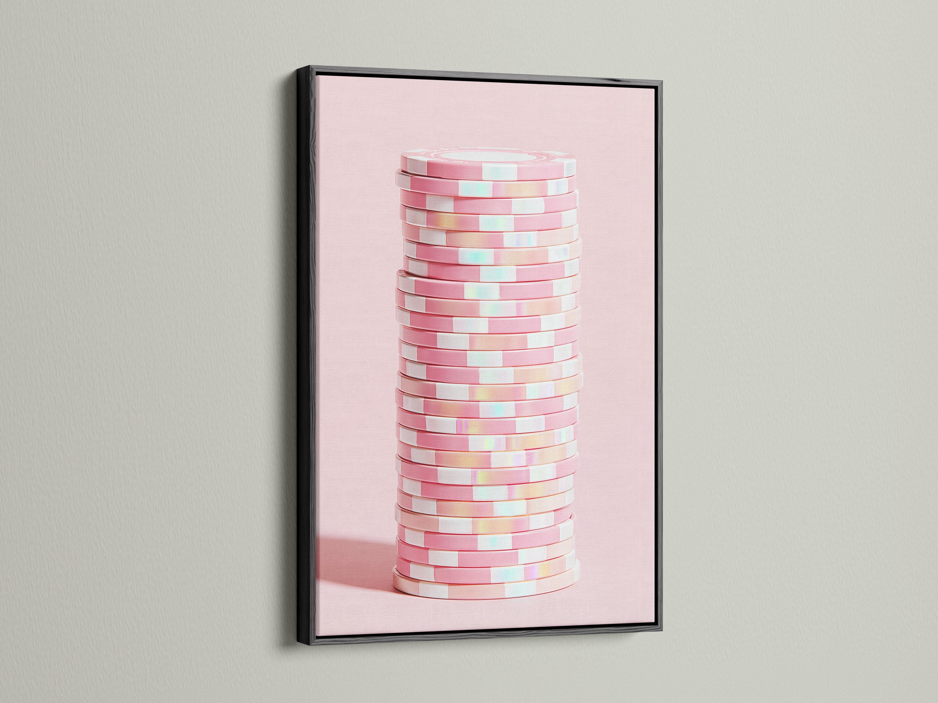 Pastel pink abstract artwork showing stacked disc shapes with subtle iridescent highlights detail view