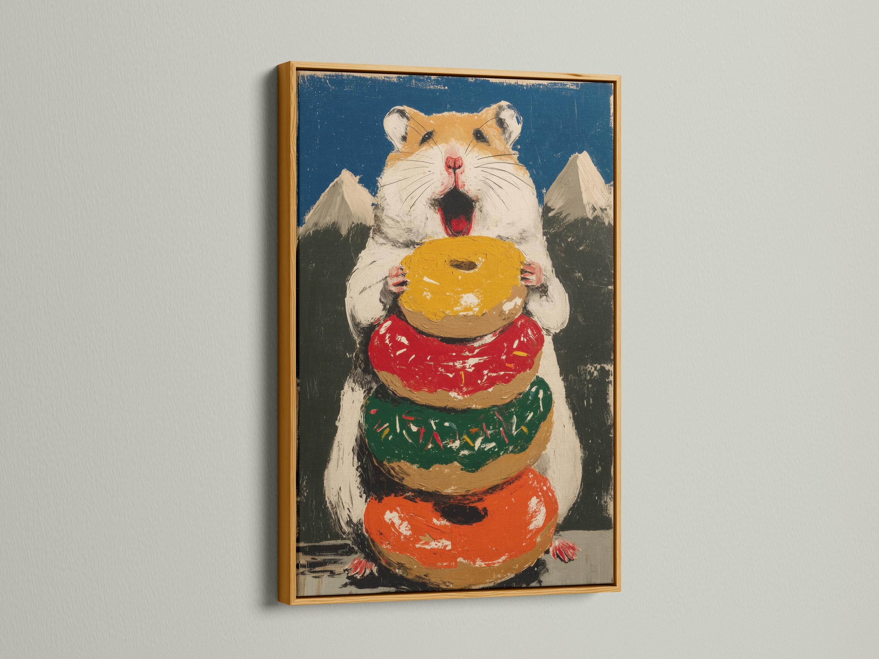Painted hamster holding a large donut with red, green and gold accents detail view