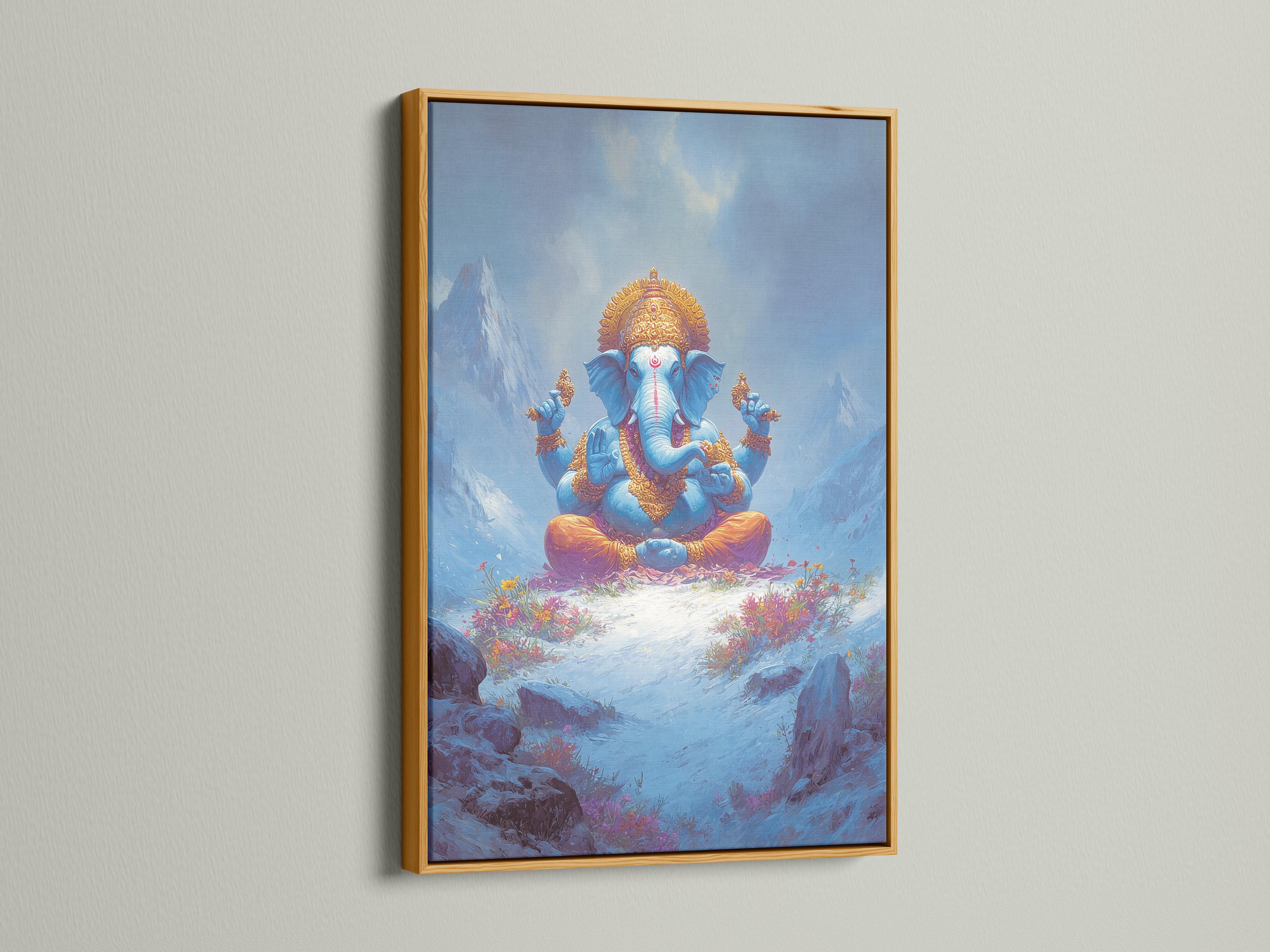 Framed artwork mockup showing a blue elephant-headed deity figure seated in meditation in a misty mountain scene