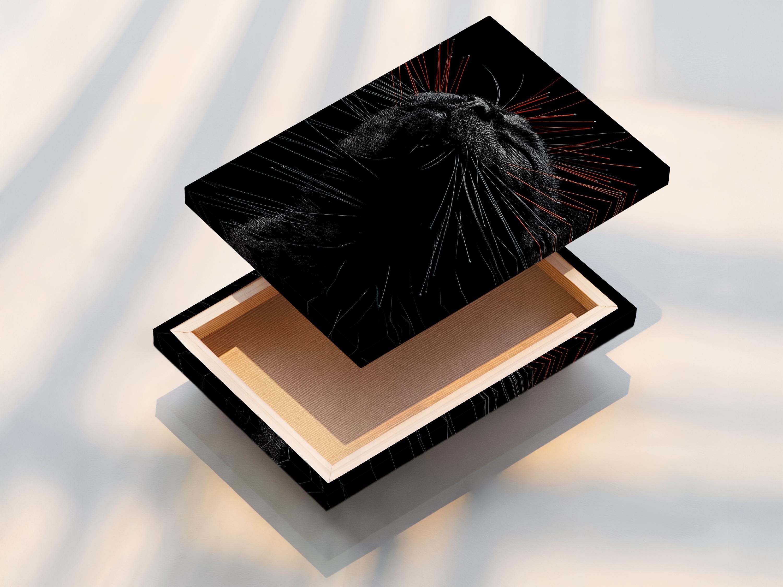 Stylised black cat portrait with radiating grey lines and orange streak accents detail view