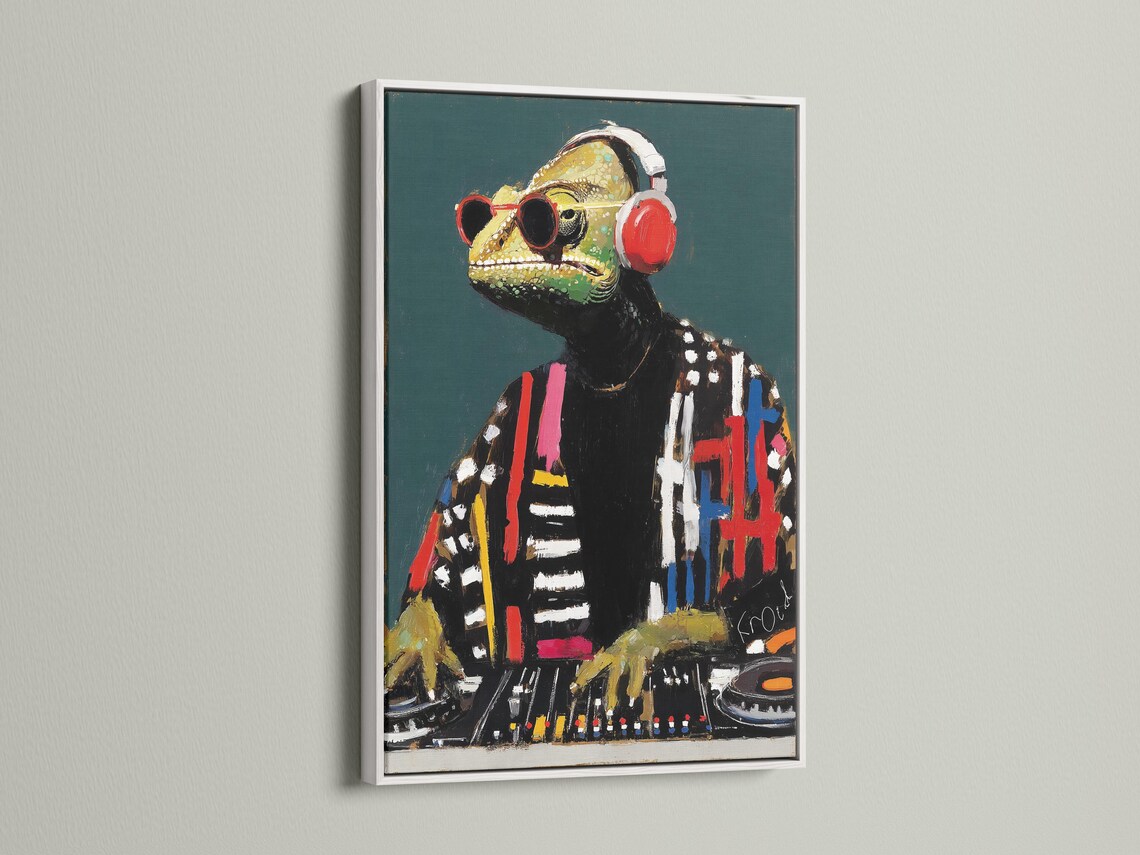 Stylised reptile character wearing oversized red headphones with vivid paint strokes detail view