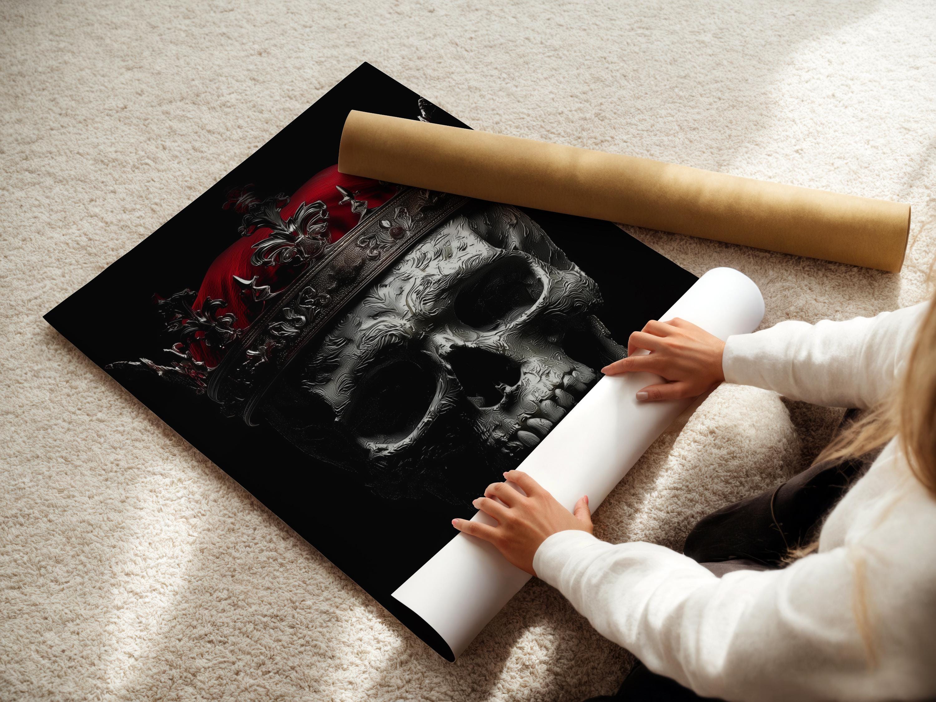 Dark gothic skull wall art mockup with ornate crown and red moon
