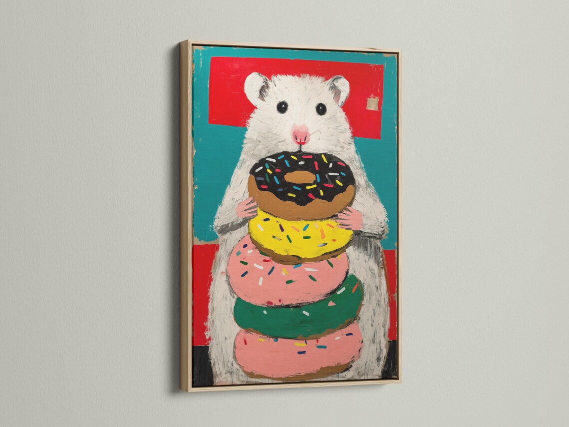 Playful hamster holding a doughnut stack with colourful sprinkles against a red and teal background detail view