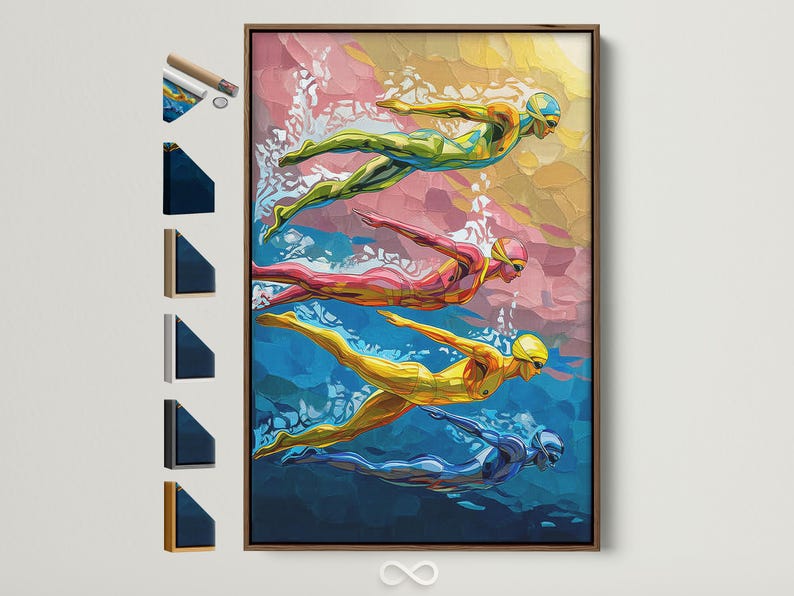 Illustration of a swimmer underwater with colourful splashes, bubbles, and bold blue and teal tones