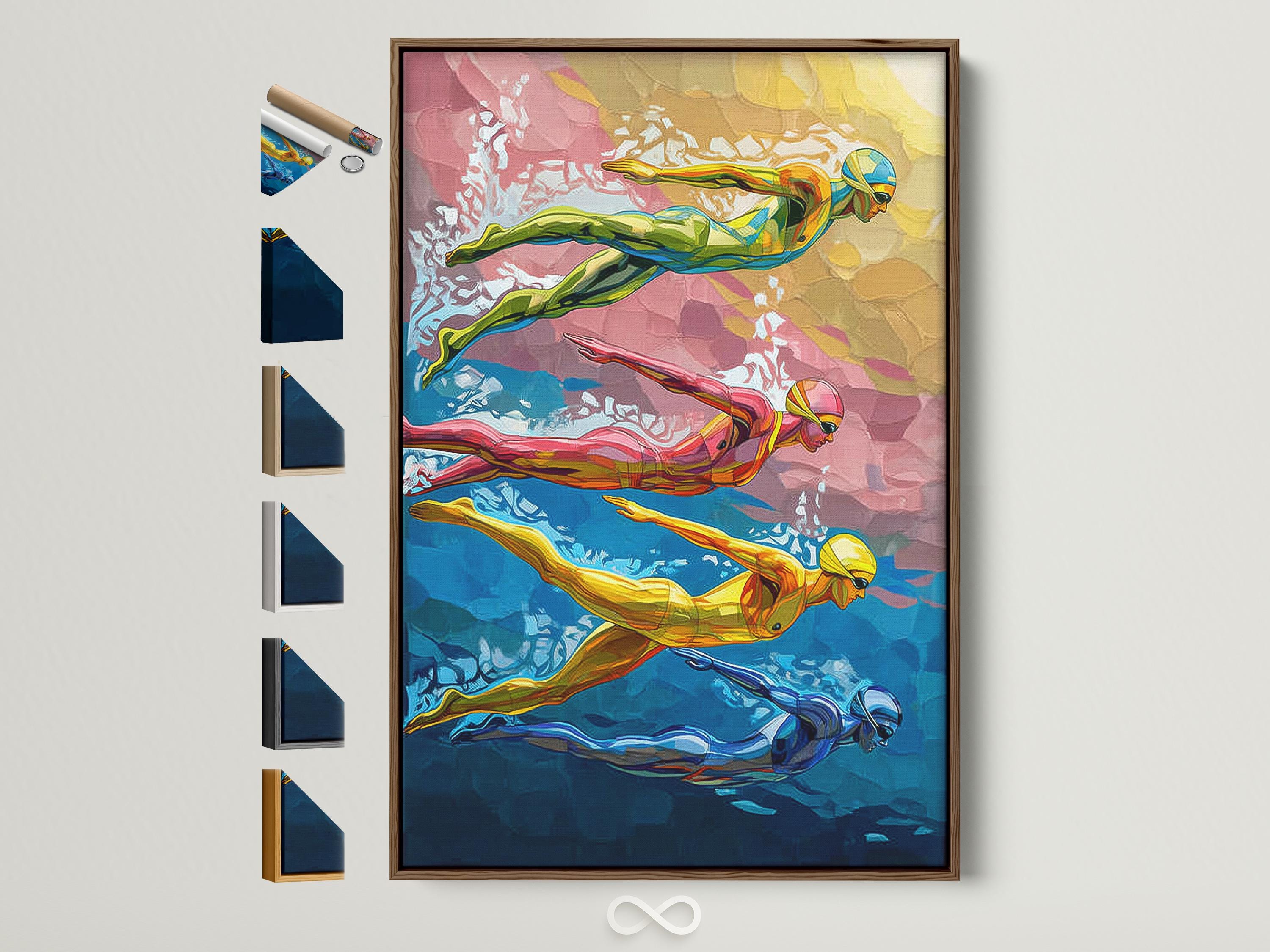 Illustration of a swimmer underwater with colourful splashes, bubbles, and bold blue and teal tones