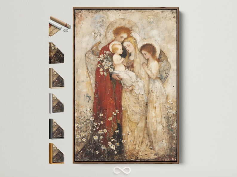 Vintage Madonna holding a baby with winged angels and halo-like circles