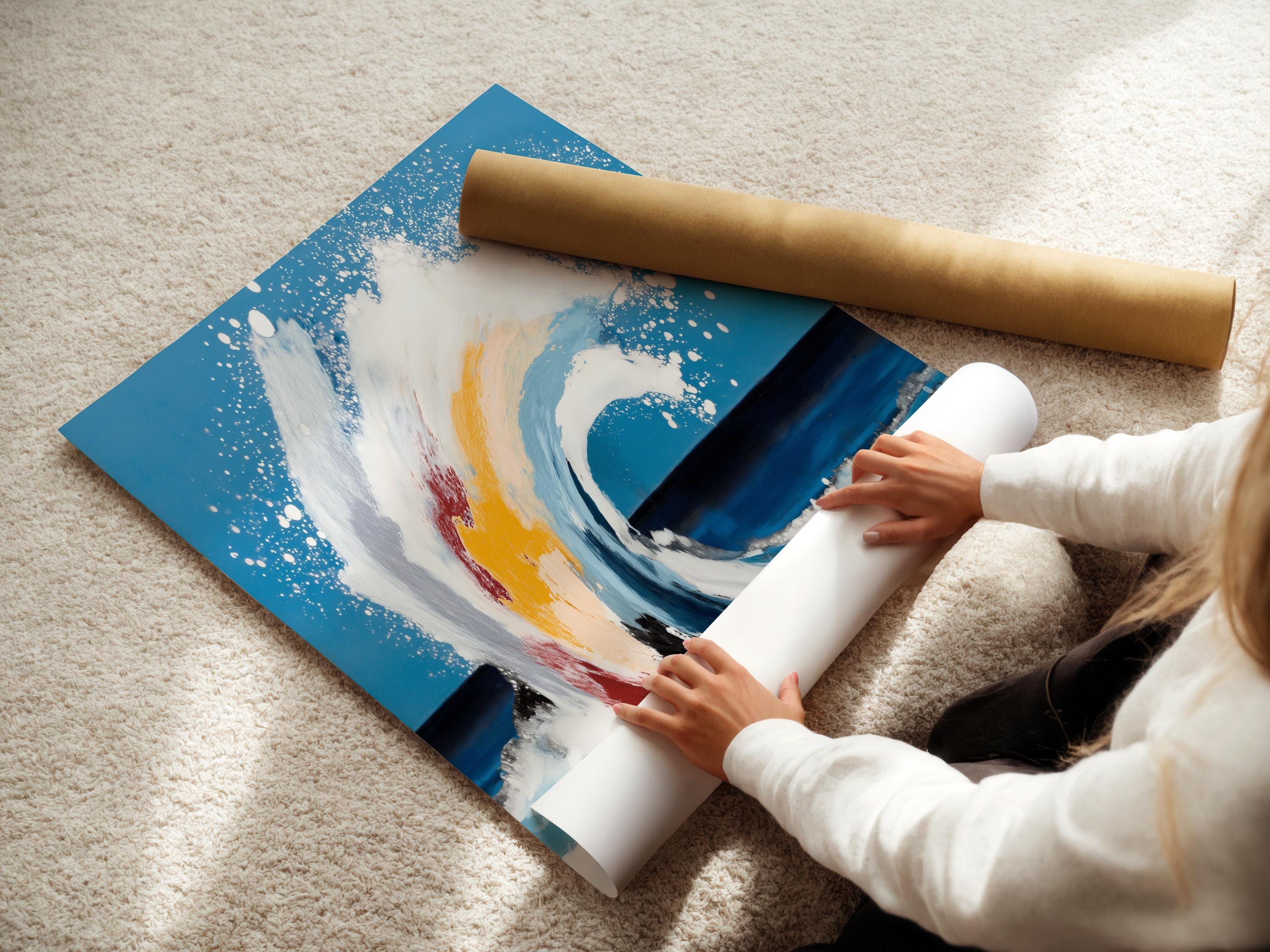 Abstract ocean wave painting with foamy white crest on teal blue background detail view