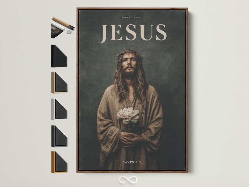 Jesus portrait with crown of thorns holding white flowers and gold text