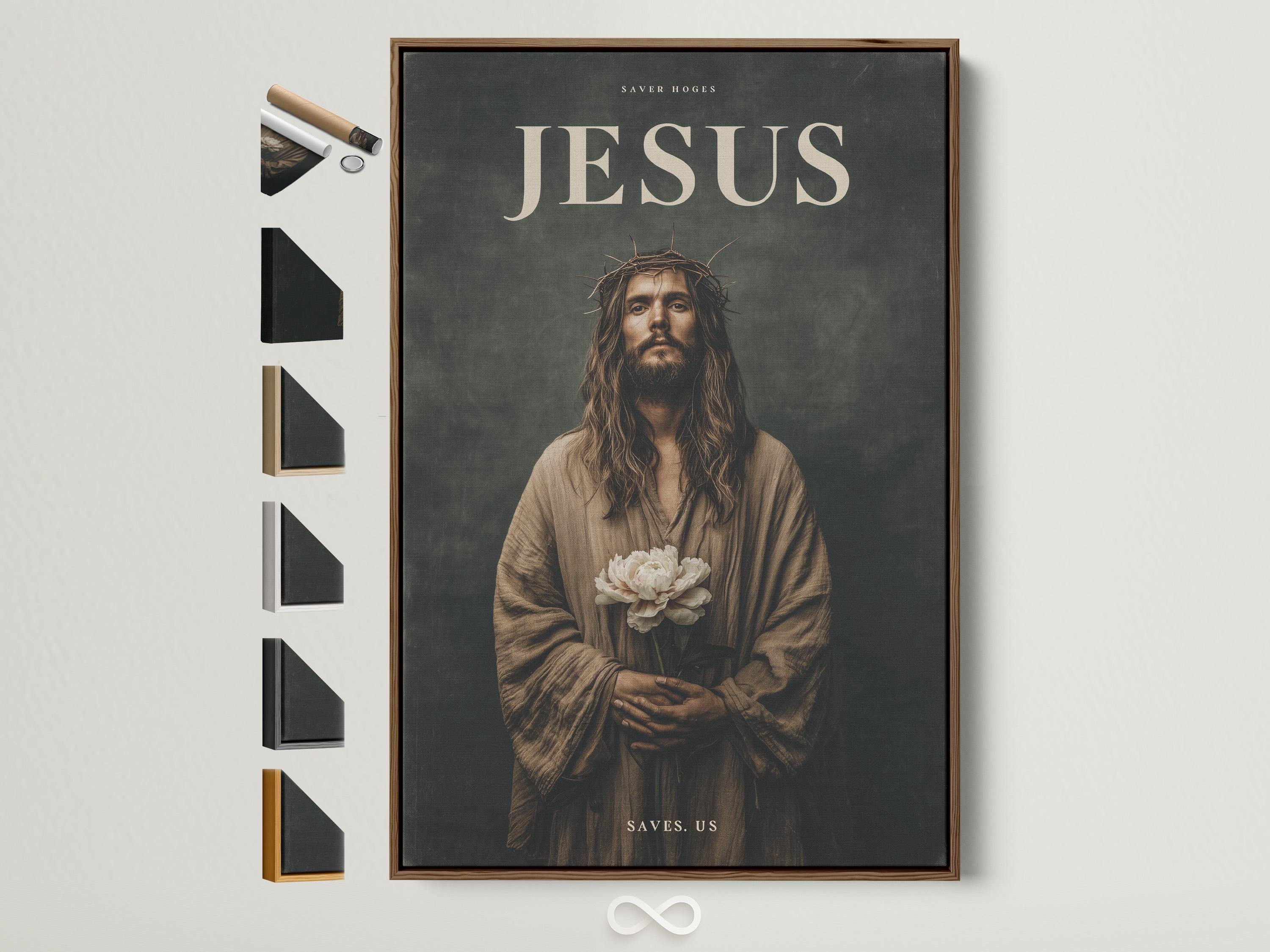 Jesus portrait with crown of thorns holding white flowers and gold text