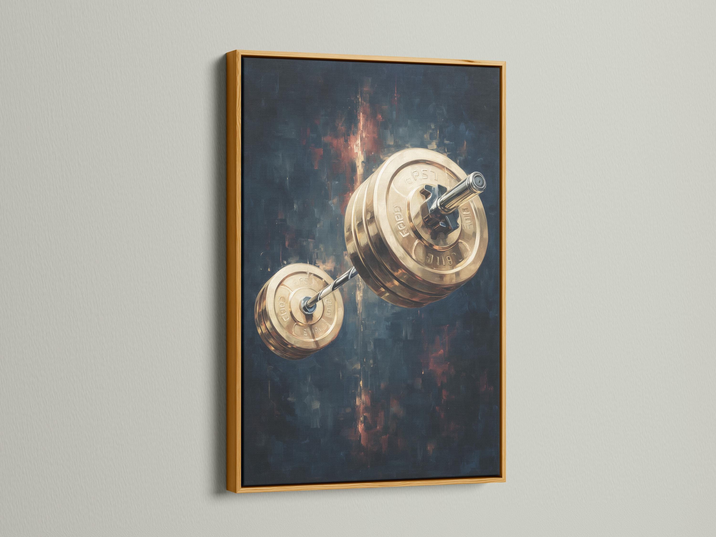 A man standing near a framed gold barbell artwork in a gym-like interior