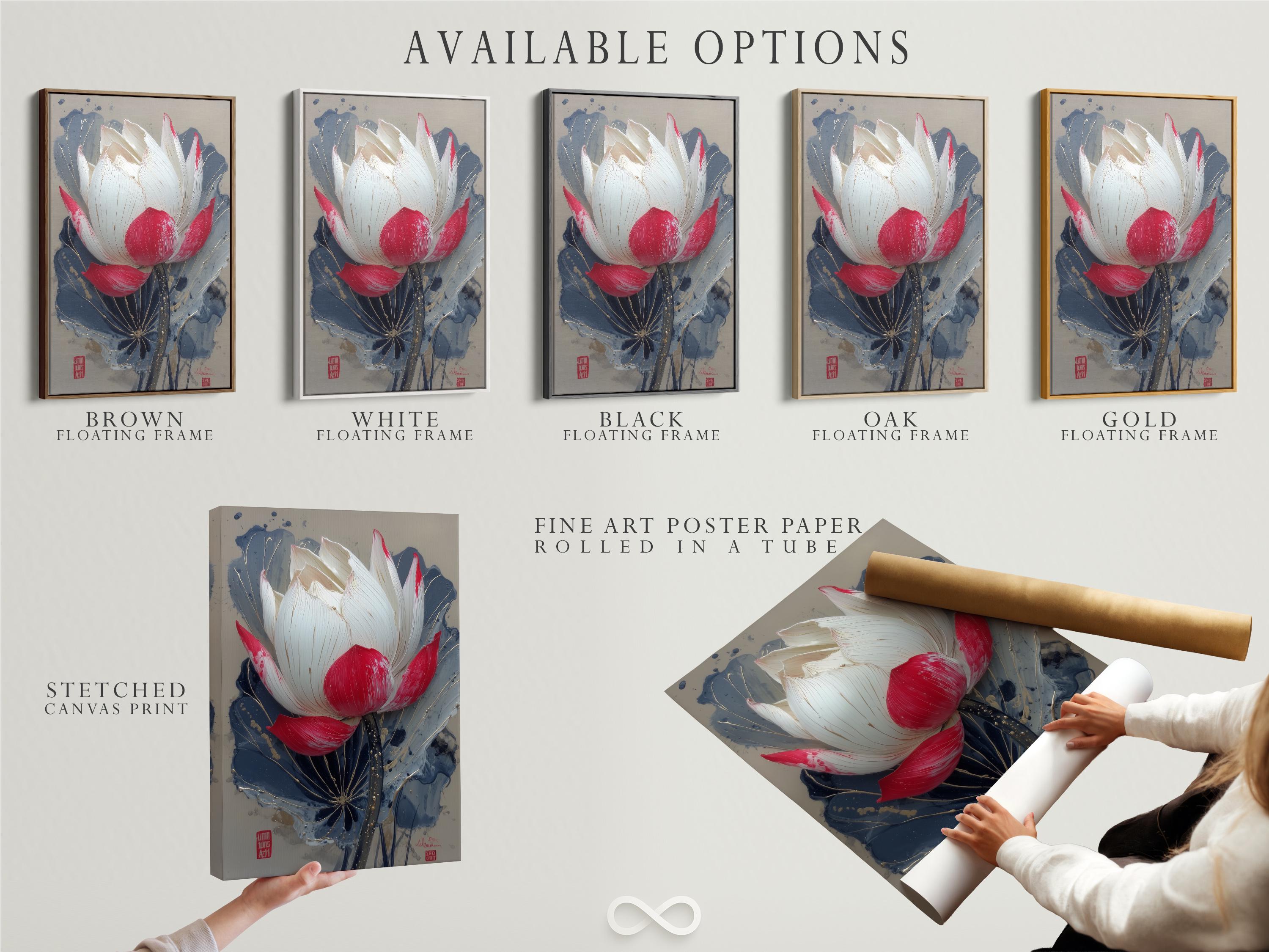 Lotus flower painting with white and red petals over deep blue leaves and gold speckles detail view