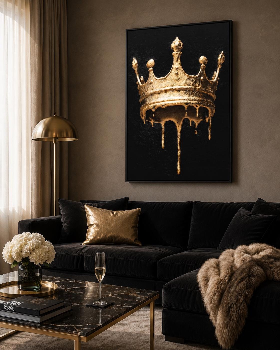 Person in a clothing store viewing a black-and-gold crown artwork on a gallery wall