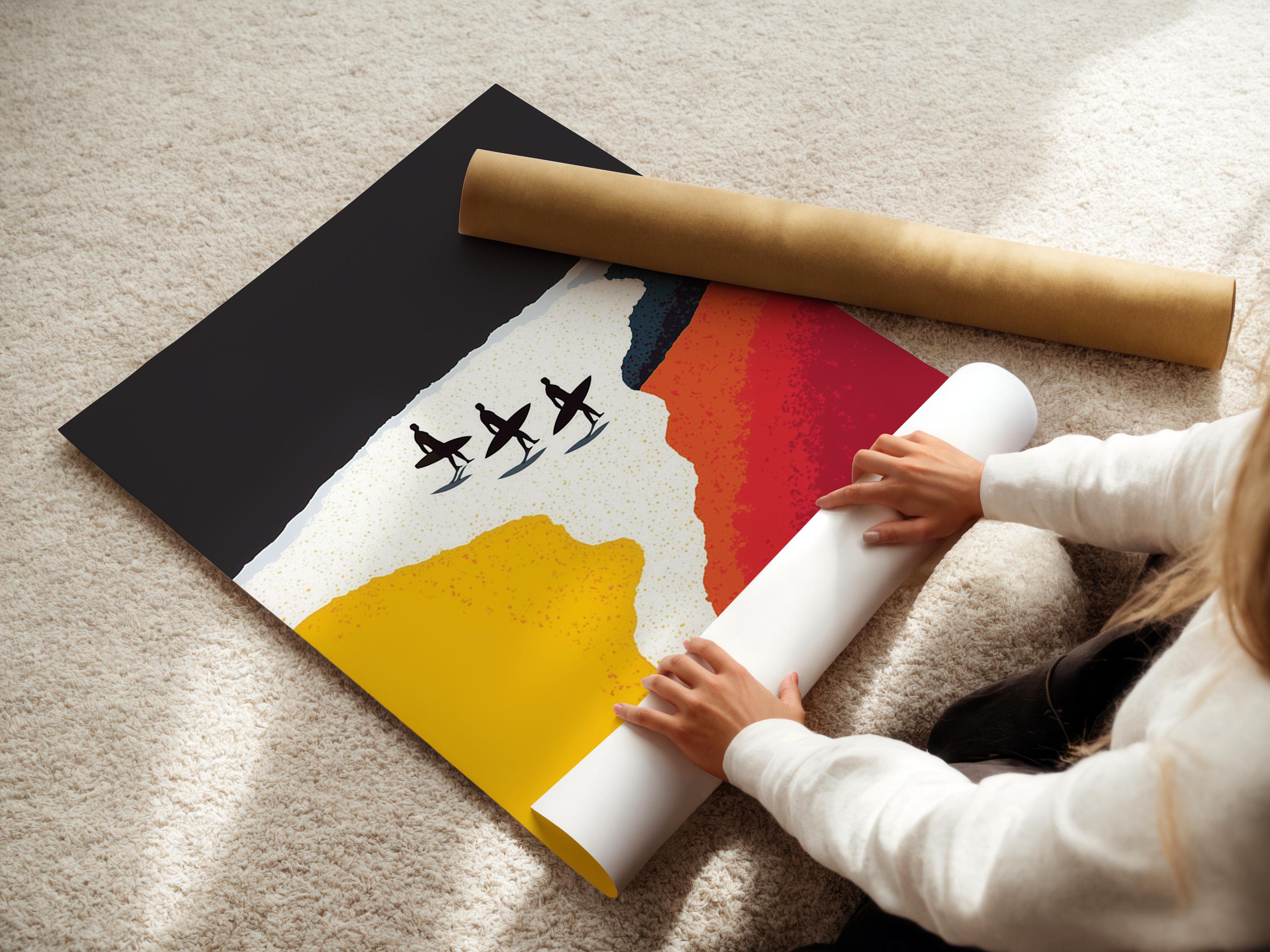 Stylised beach scene with red and yellow colour blocks, white sand and three black surfers on surfboards detail view