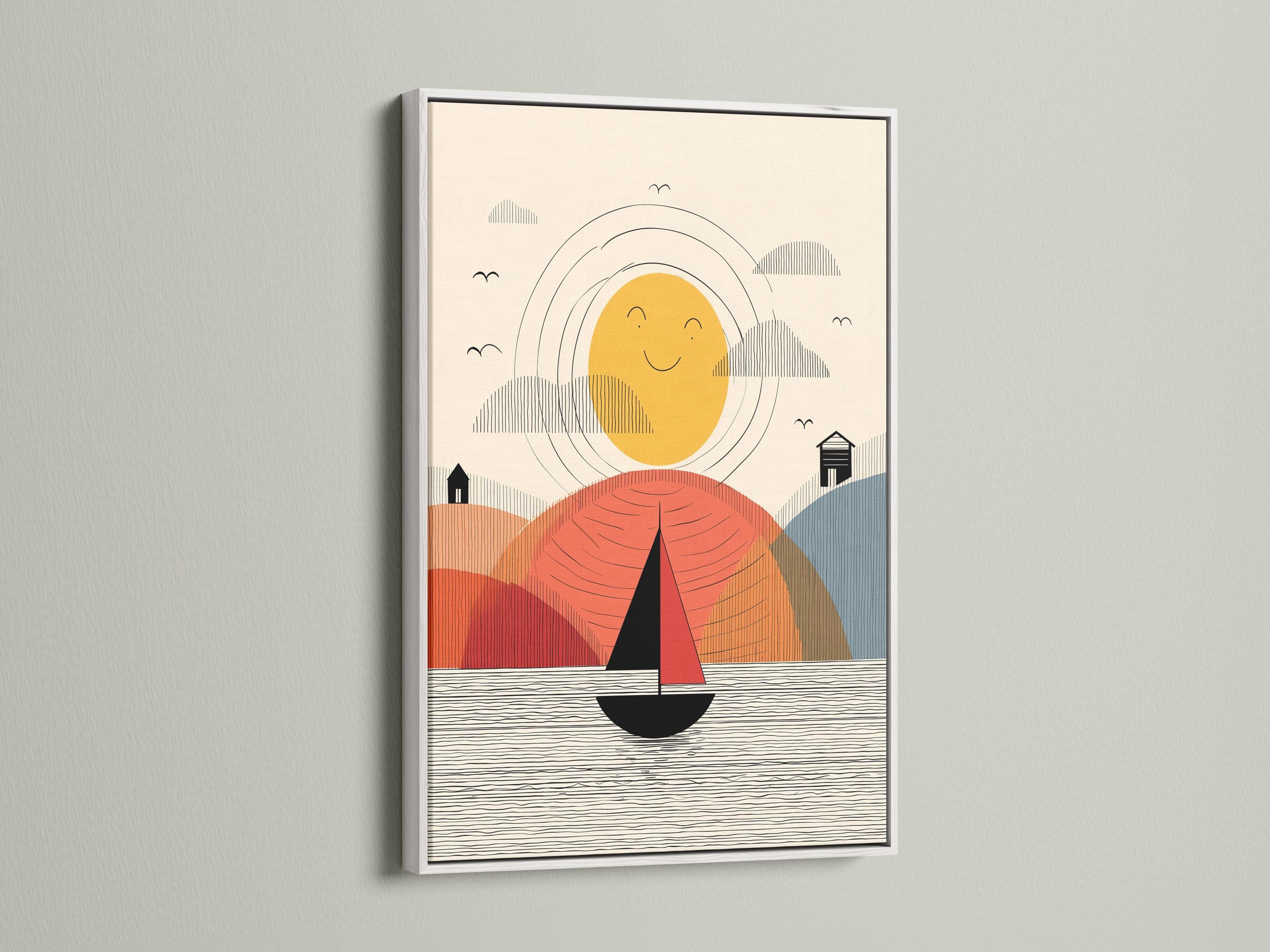 Geometric sailboat scene with a smiling yellow sun, wavy water lines, and layered hills in coral and blue detail view