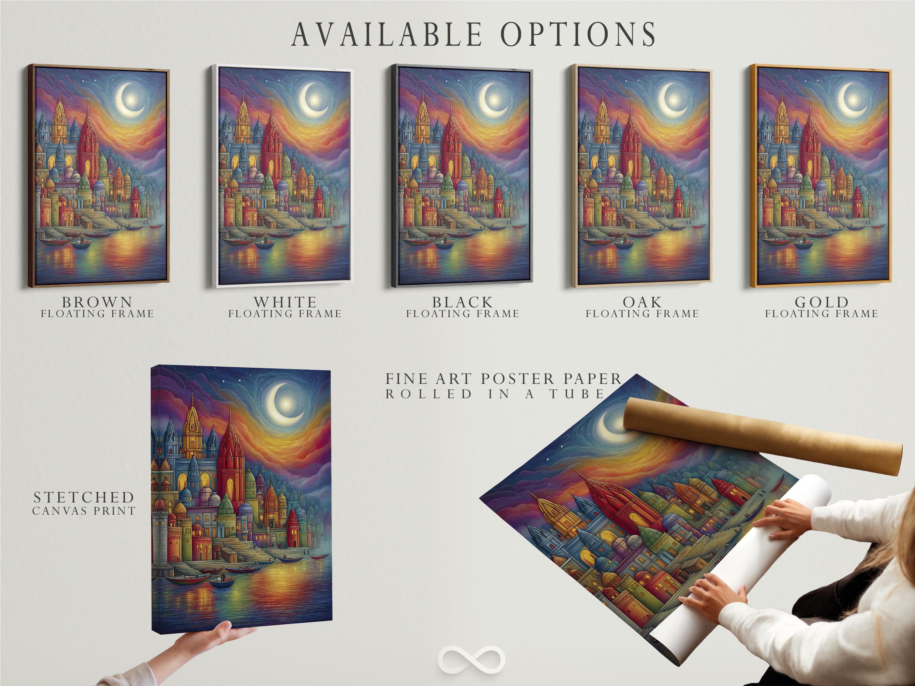 Moonlit colourful city skyline with domed buildings and boats on reflective water detail view