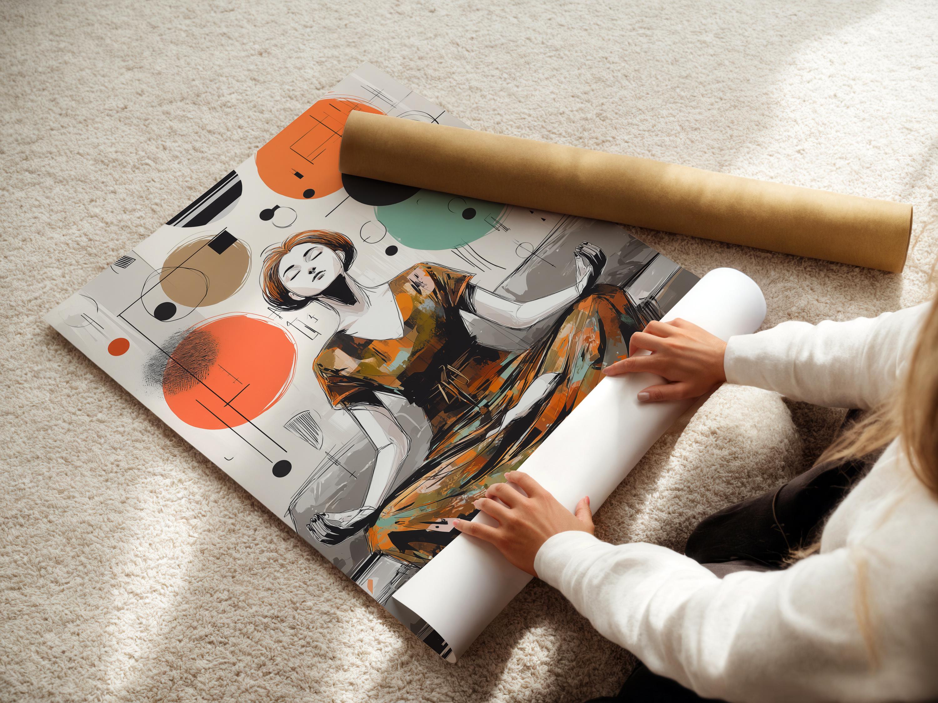 Framed artwork showing a woman meditating with floating geometric circles in orange, teal and charcoal detail view