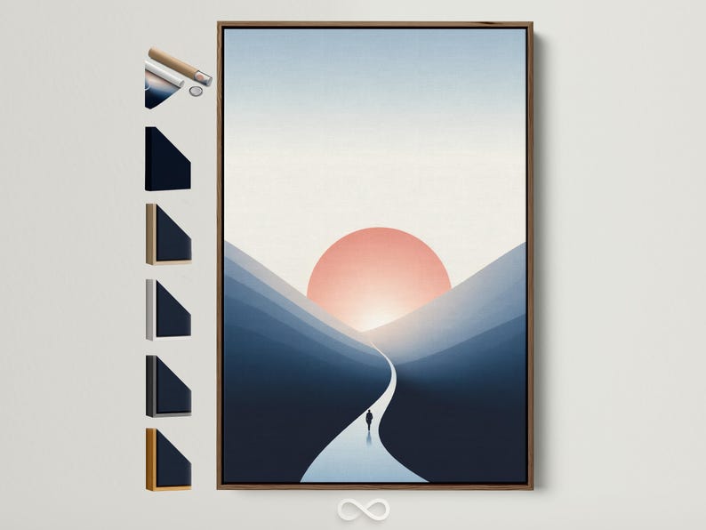 Minimalist mountain landscape with a peach sun, layered blue slopes, and a winding white path