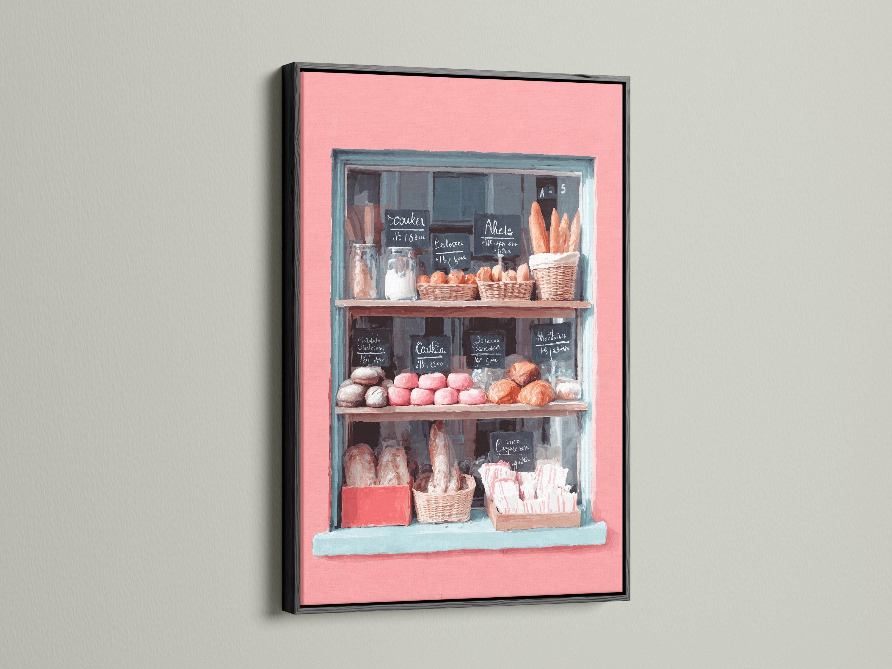 Pastel bakery window painting with pastries and handwritten menu signs detail view