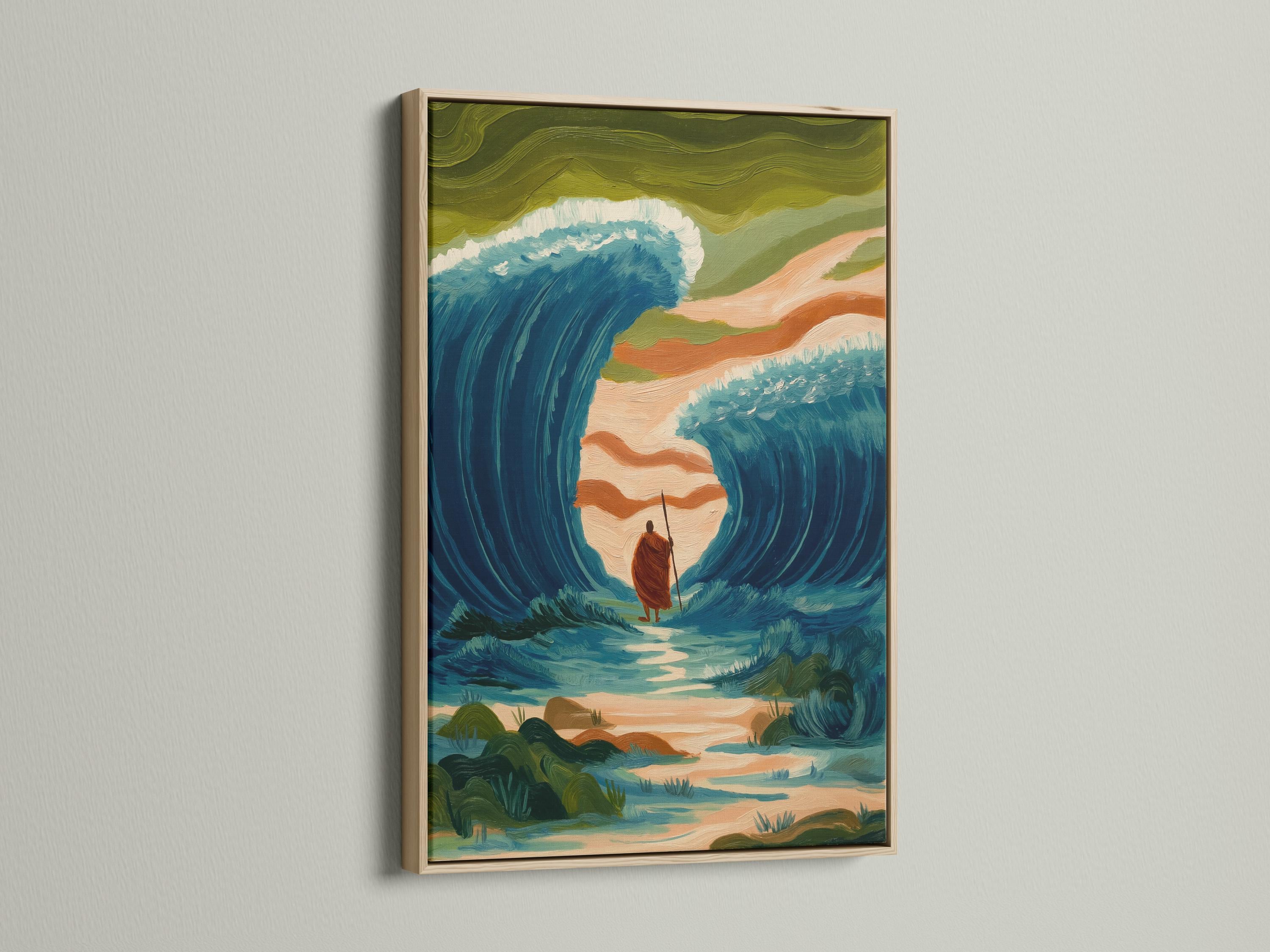 Painterly teal ocean scene with waves parting around a central figure holding a staff detail view