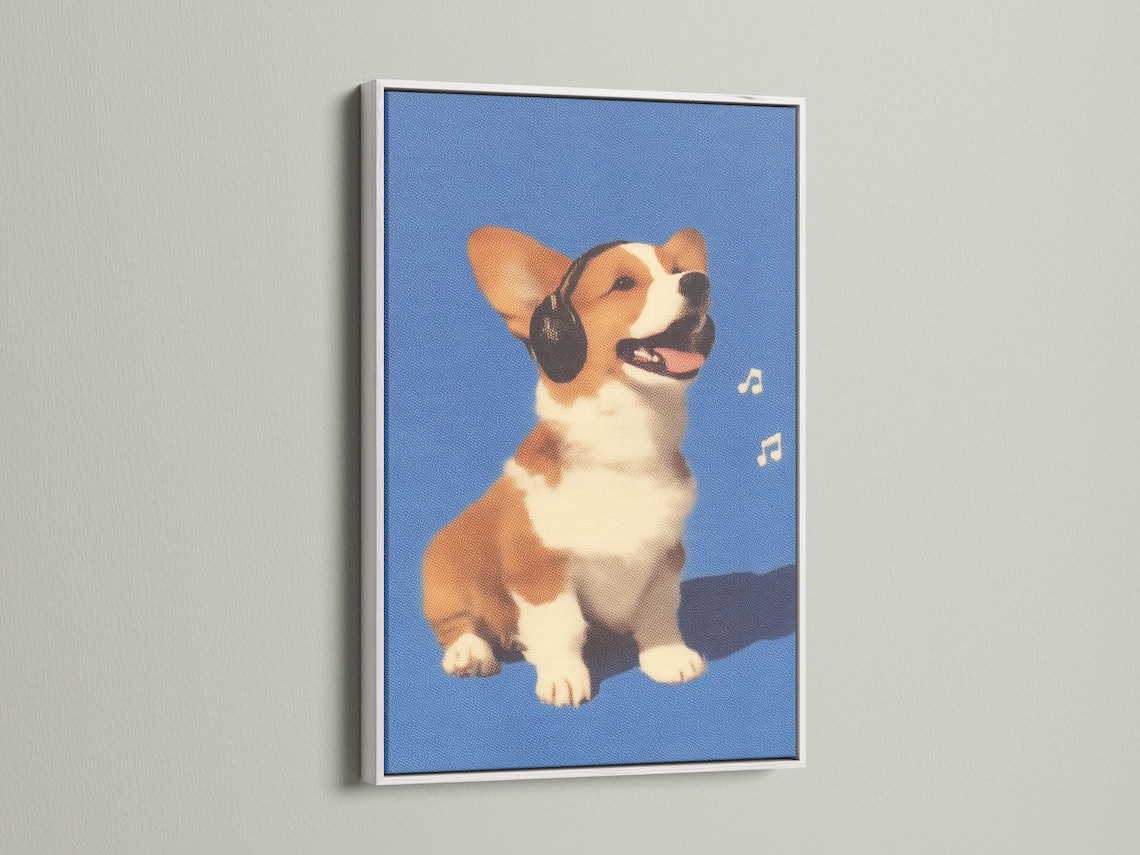 A stylised corgi dog portrait sits against a speckled blue background, wearing large headphones and shown smiling with small musical notes nearby