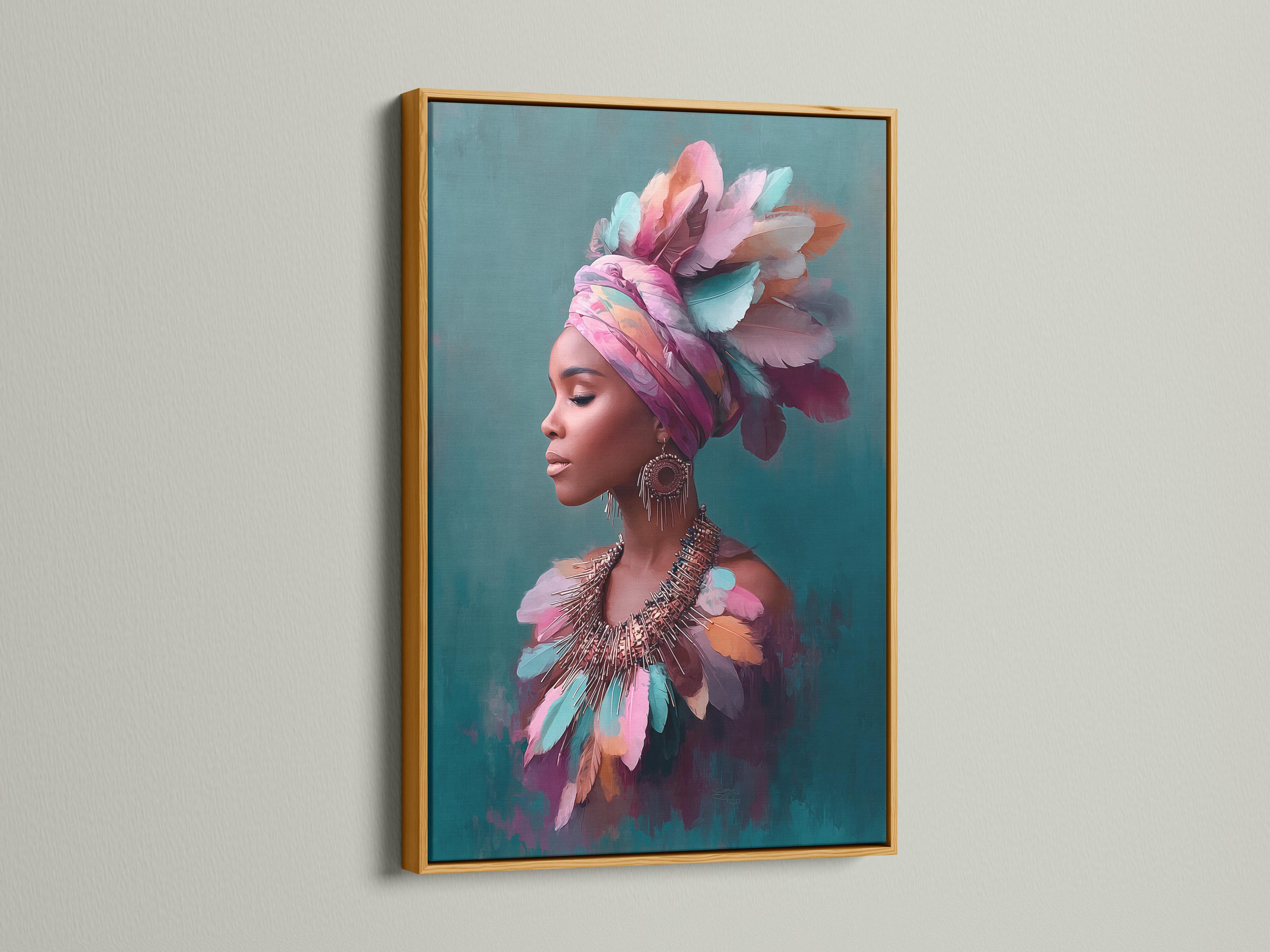 Stylised portrait of a woman in side profile with a layered feather headdress in pink, teal and purple detail view