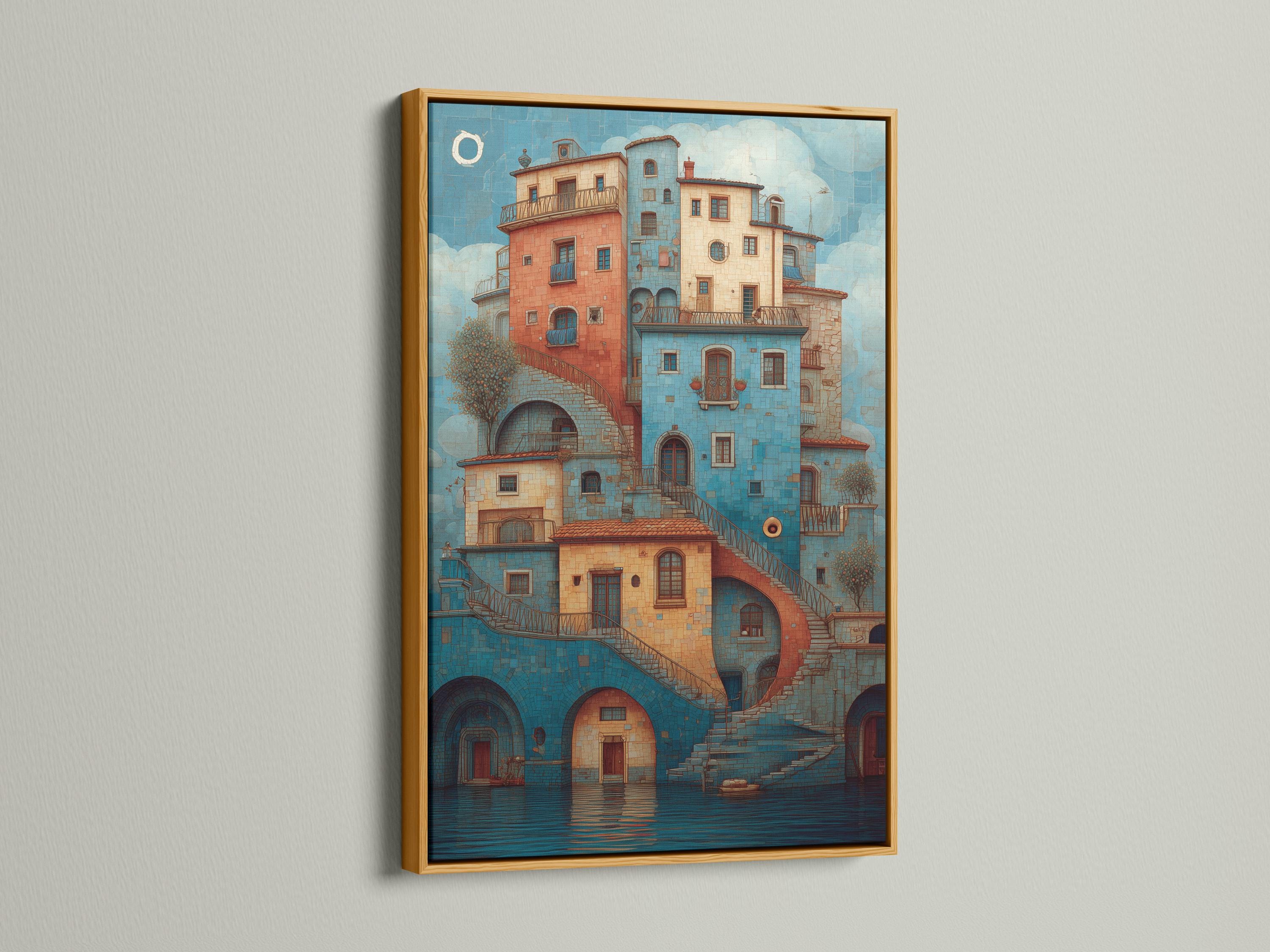 Turquoise and coral Mediterranean cityscape with arched windows, balconies, staircases and reflective water detail view