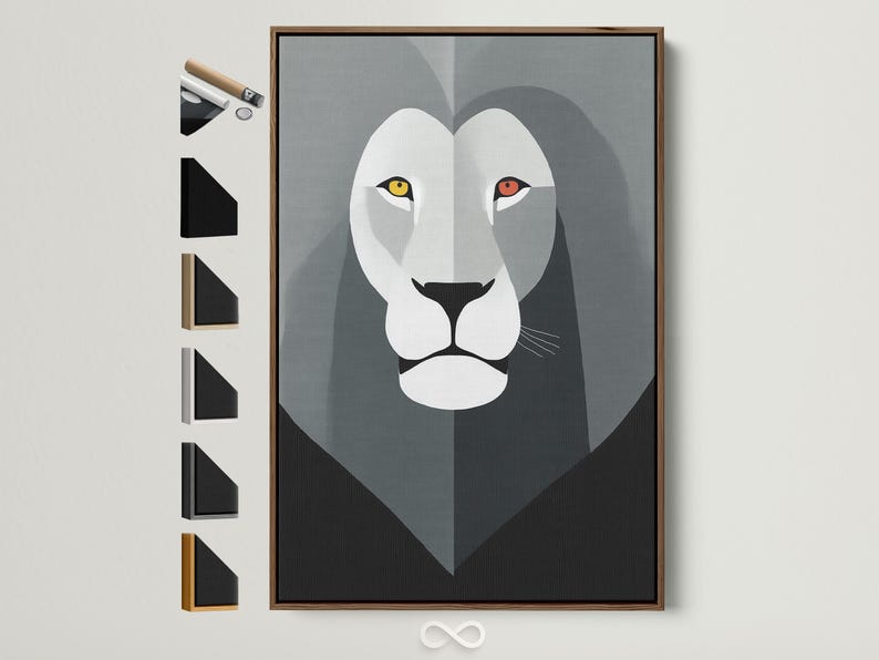 Geometric lion face artwork in grey and white with yellow and red eye accents