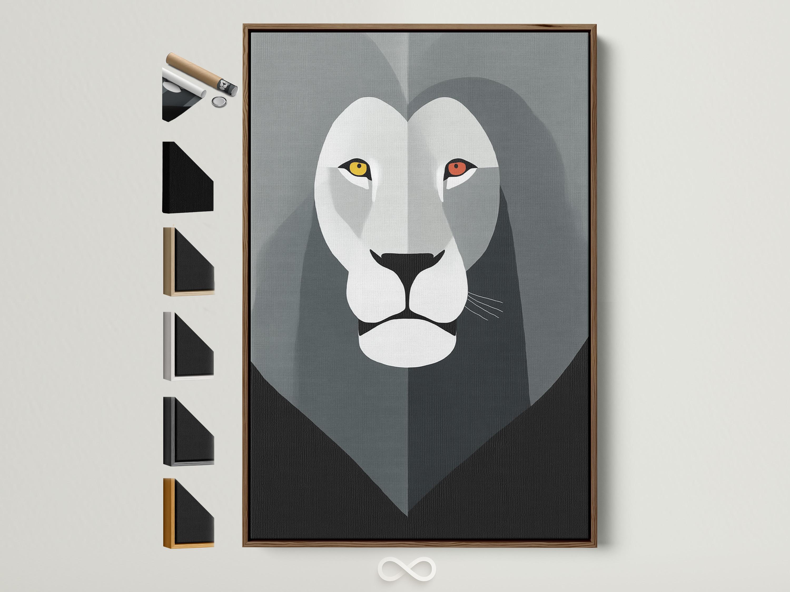 Geometric lion face artwork in grey and white with yellow and red eye accents