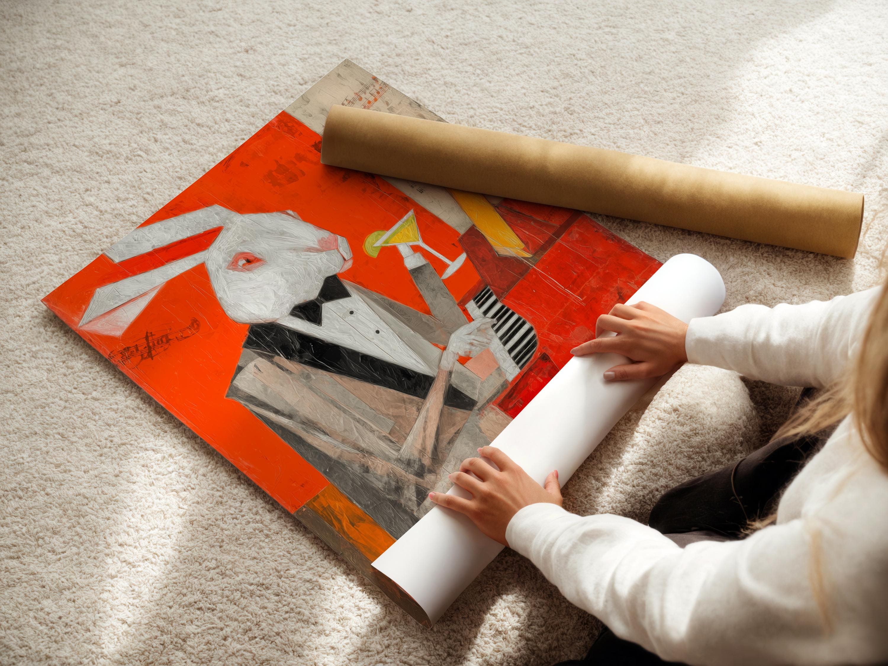 Orange artwork of a rabbit pianist holding a martini beside a piano with music notes detail view