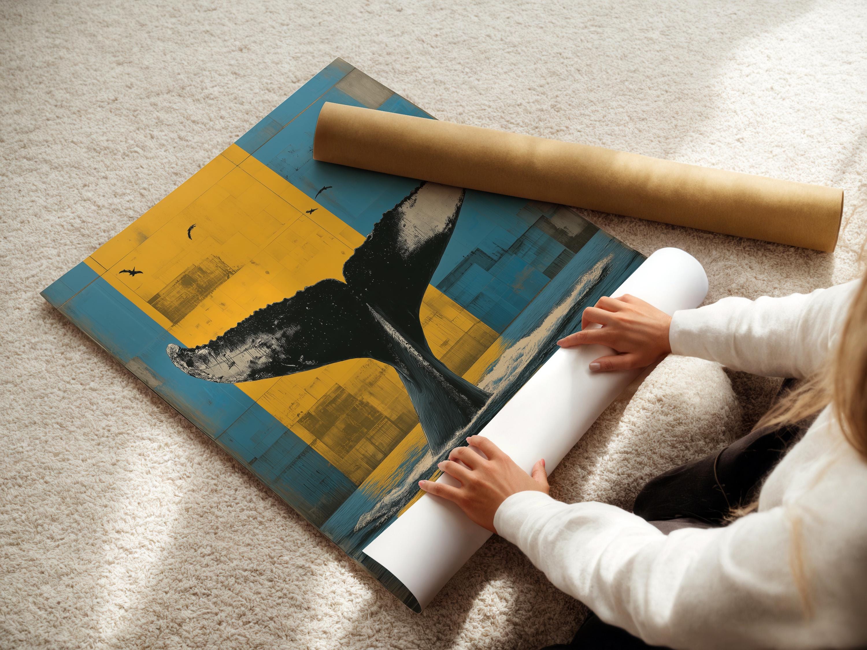 Room mockup showing framed whale tail ocean artwork above a sofa by windows