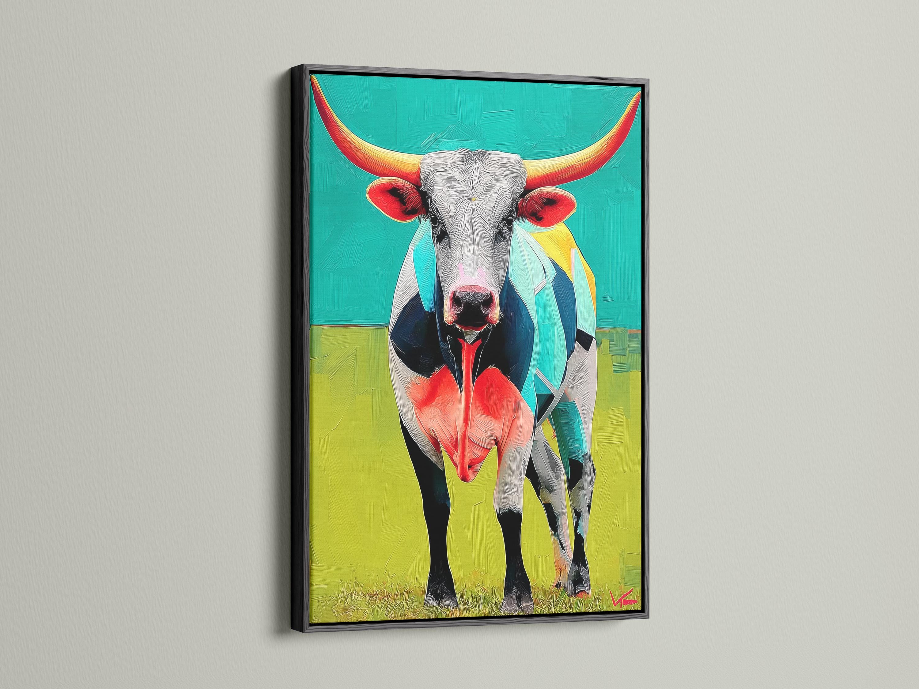 Room mockup with a framed longhorn steer artwork on a wall above a green upholstered sofa and dining table