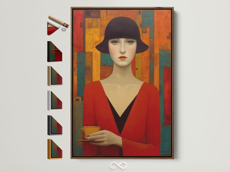 Stylised woman portrait with dark hat, red dress and geometric Art Deco blocks in red, gold and teal