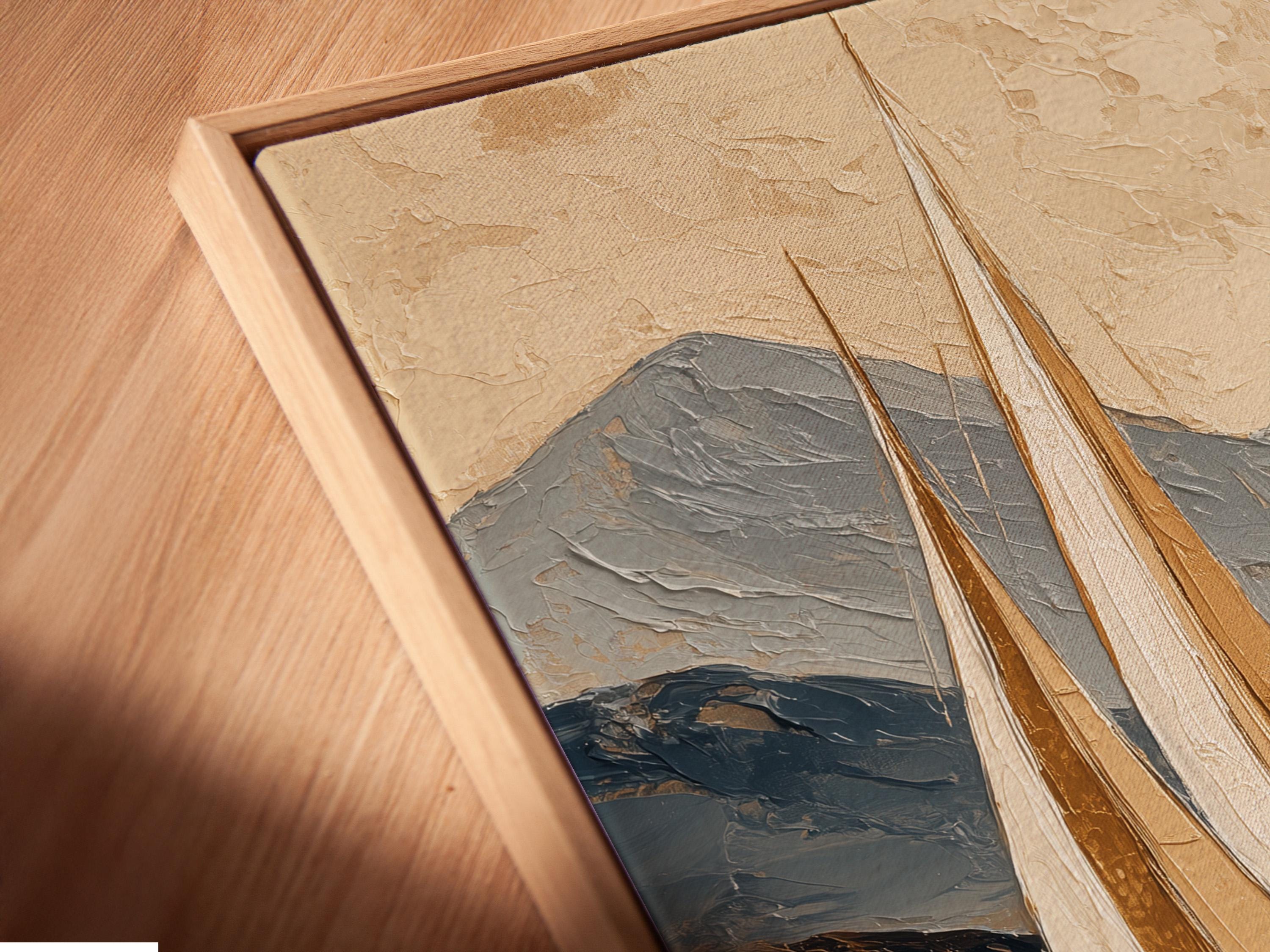 Painterly sailboat seascape with swirling waves, mountains and a gold sun detail view