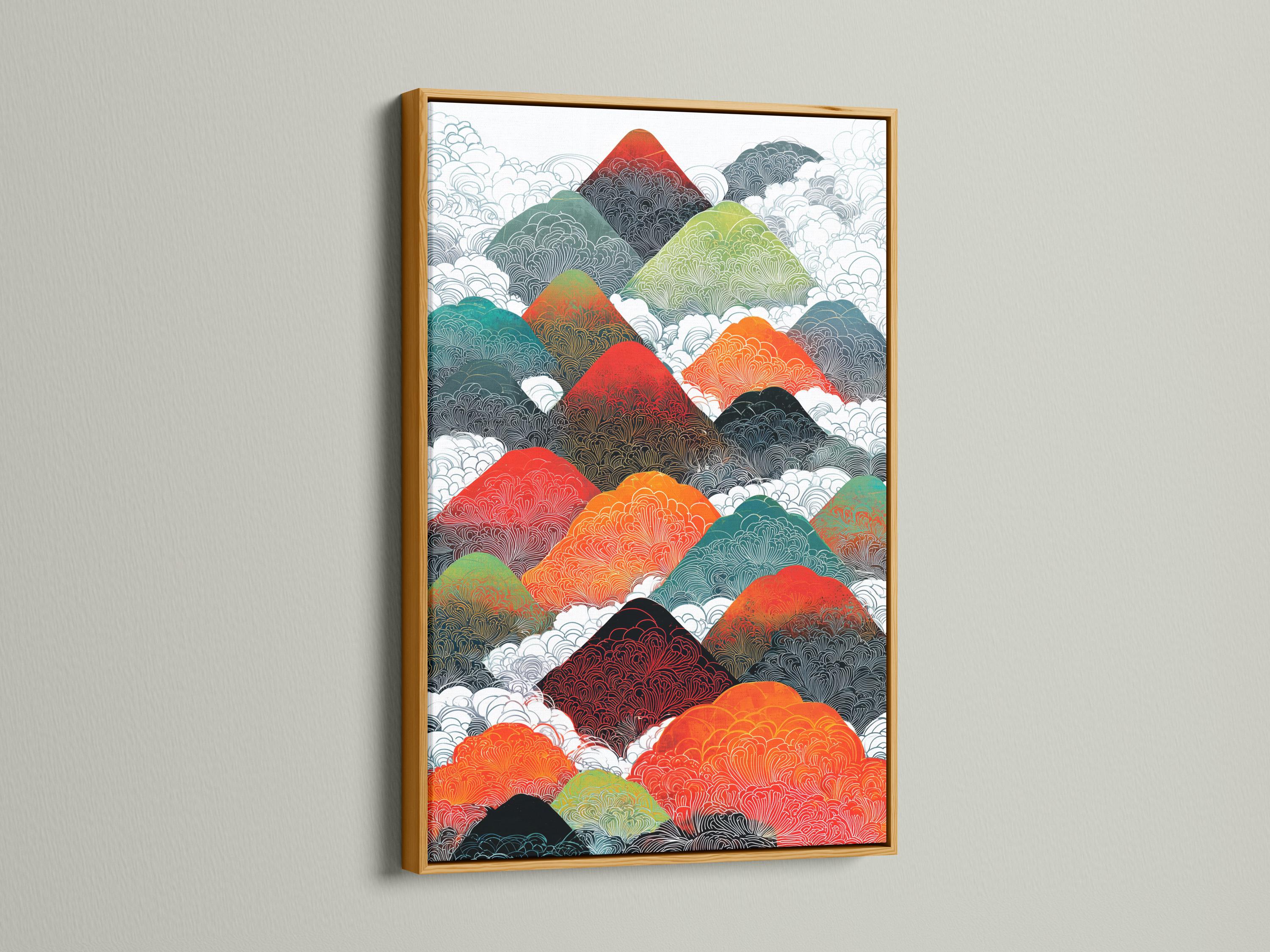 Colourful abstract mountain landscape with stepped ridges filled with wave-like patterns detail view